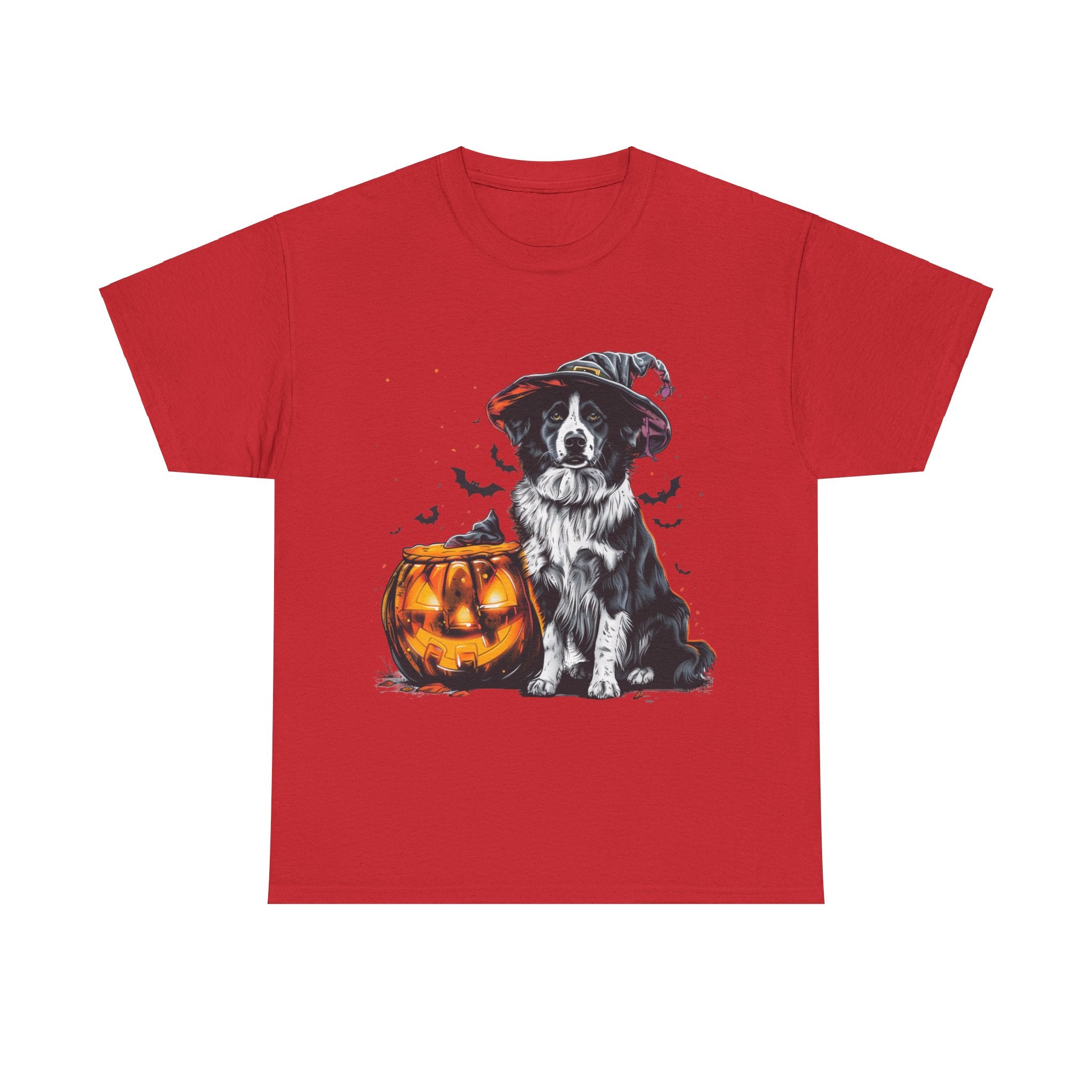 Printify T-Shirt Red / S Border Collie Halloween Witch Hat Tee – Unisex Cotton Shirt