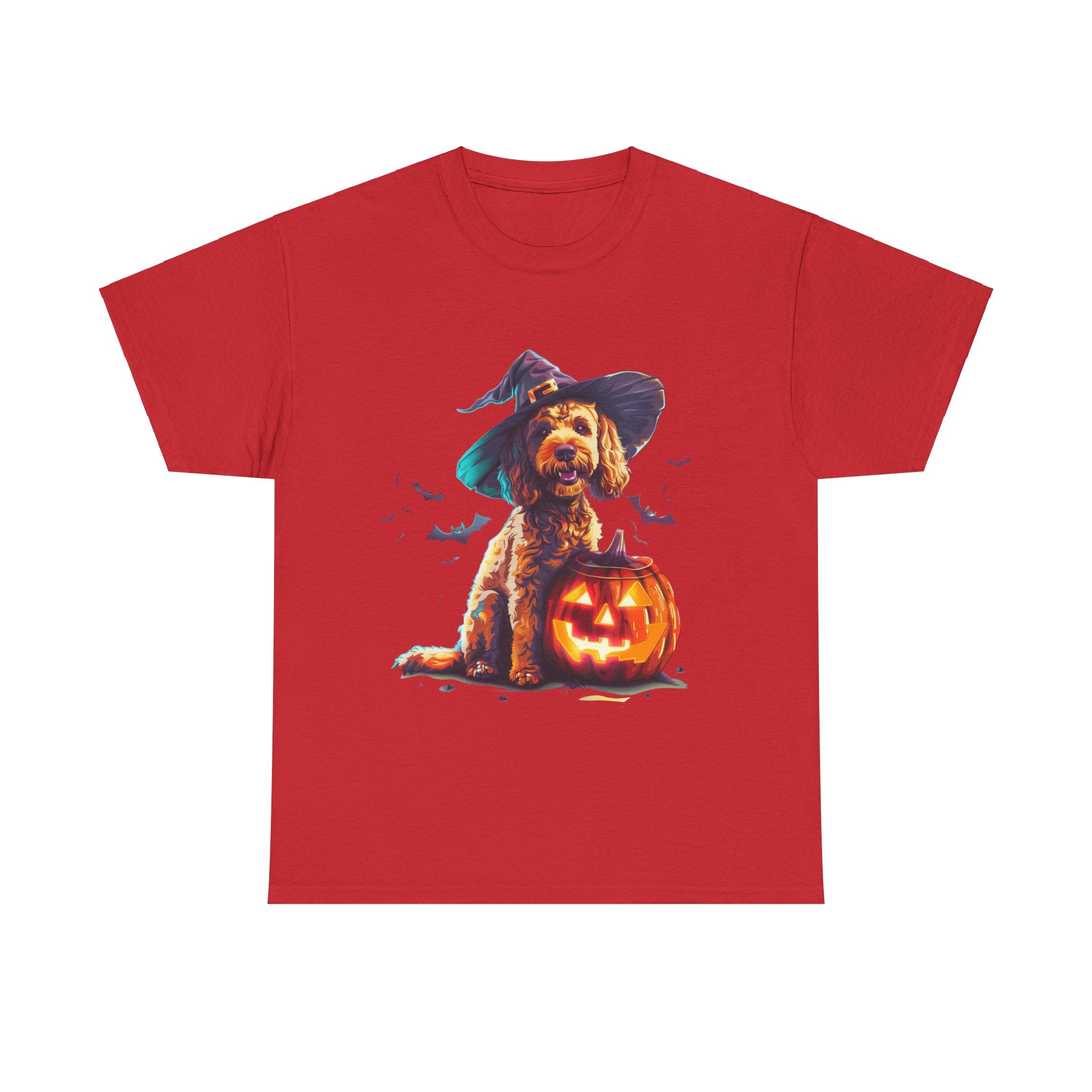 Printify T-Shirt Red / S Cockapoo in Witch Hat Halloween Tee – Unisex Cotton Shirt