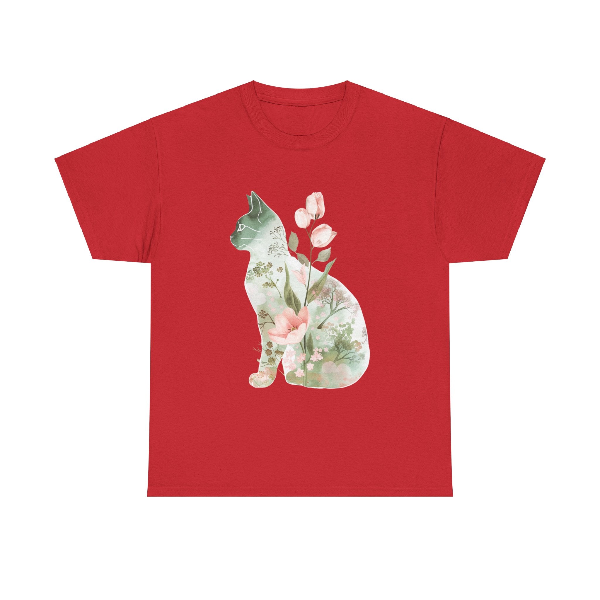 Printify T-Shirt Red / S Floral Cat Unisex Heavy Cotton Tee