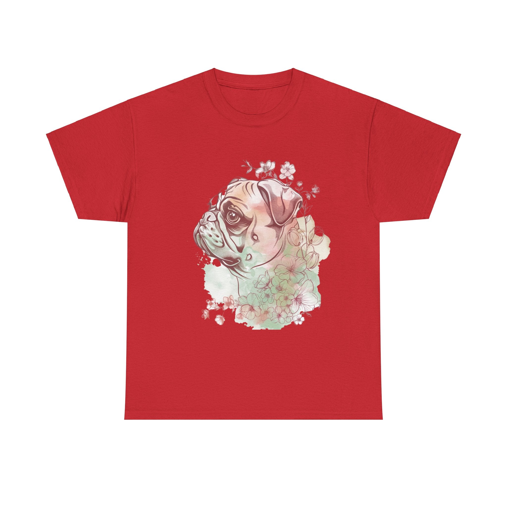 Printify T-Shirt Red / S Floral Pug Silhouette Unisex Heavy Cotton Tee