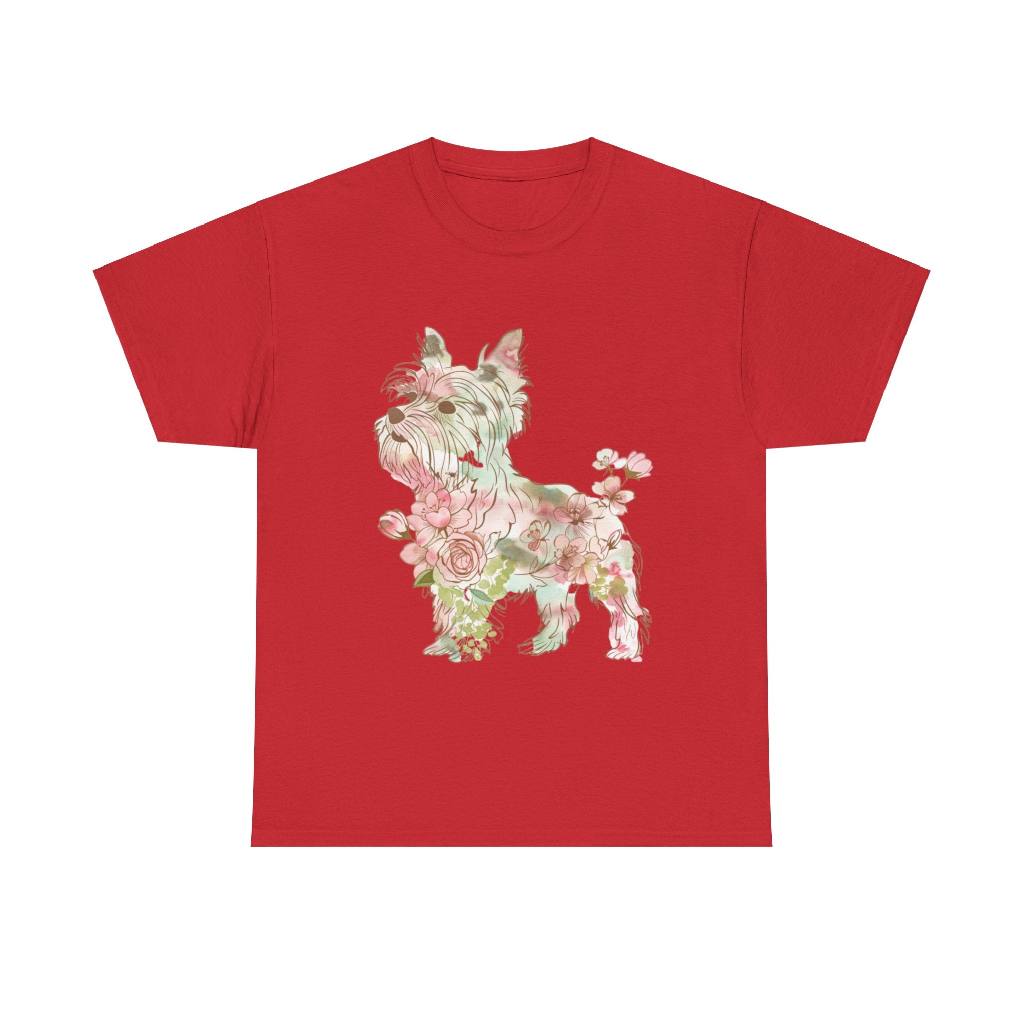 Printify T-Shirt Red / S Floral Yorkshire Terrier Unisex Cotton Tee