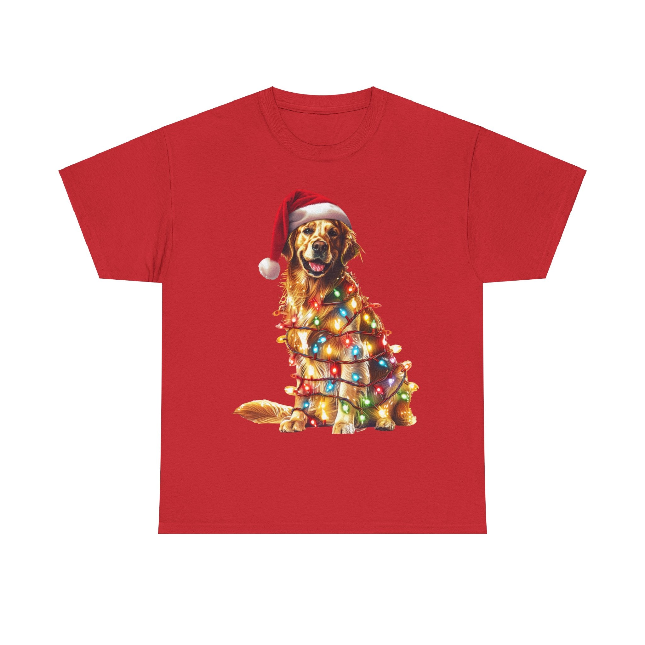 Printify T-Shirt Red / S Golden Retriever Christmas Lights Unisex Heavy Cotton Tee