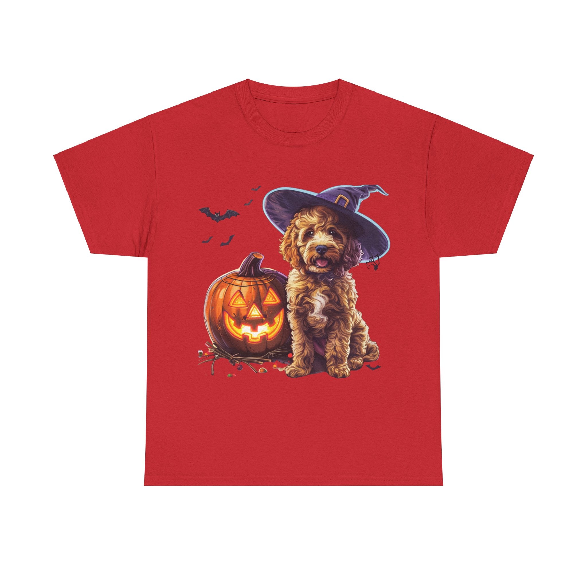 Printify T-Shirt Red / S Halloween Cockapoo Witch Hat & Glowing Pumpkin Unisex Cotton Tee