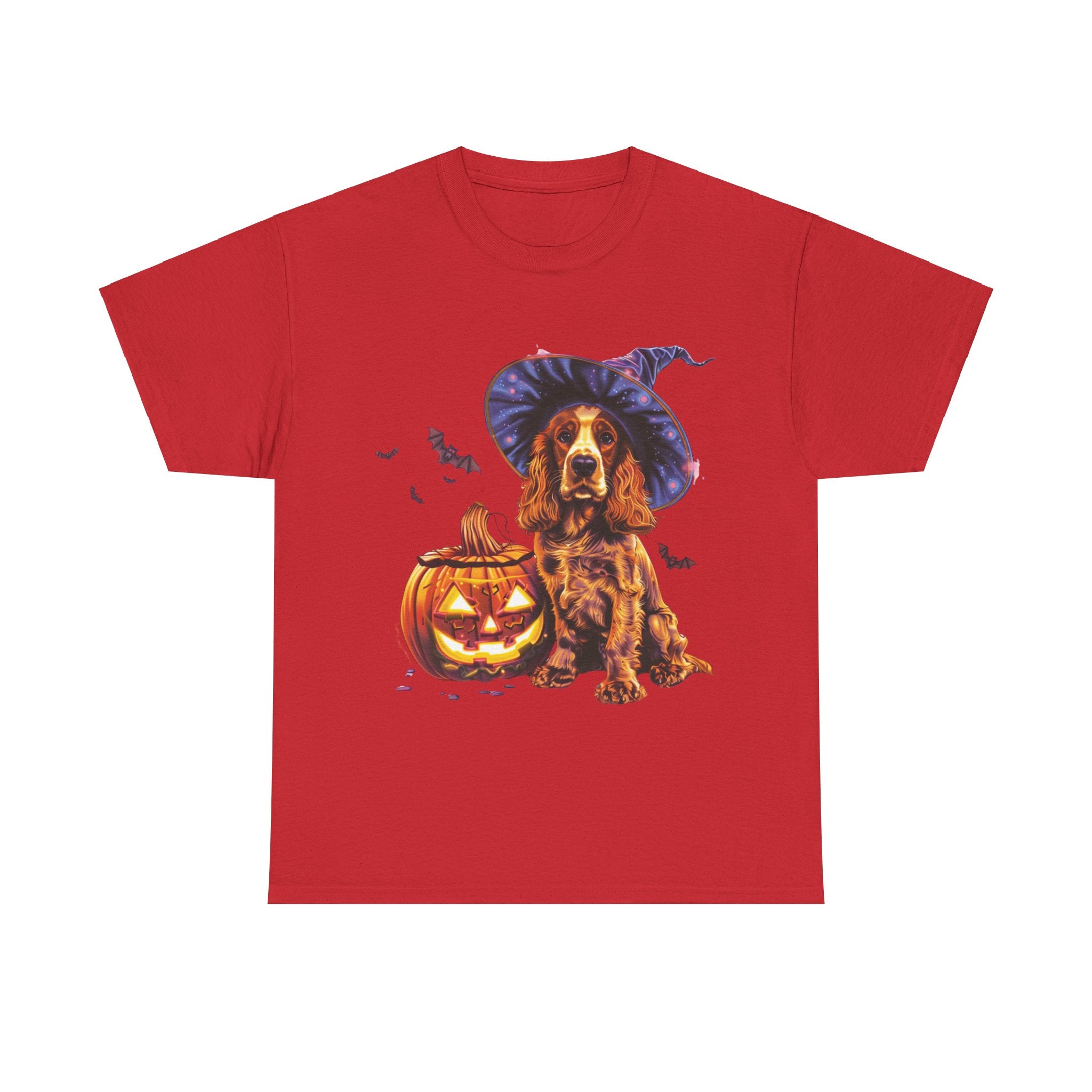 Printify T-Shirt Red / S Halloween Cocker Spaniel Witch Hat and Pumpkin Unisex Cotton Tee