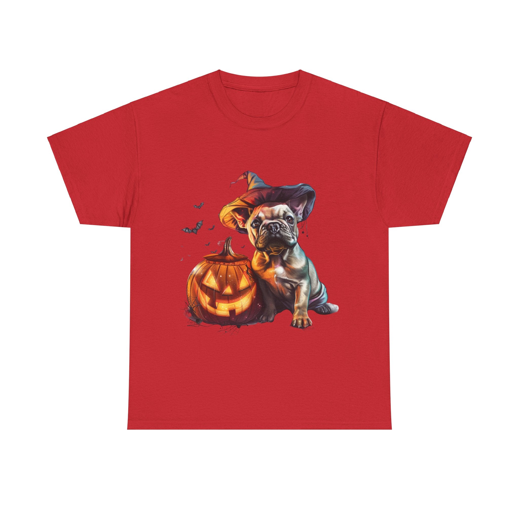 Printify T-Shirt Red / S Halloween French Bulldog with Pumpkin and Witch Hat Unisex Cotton Tee