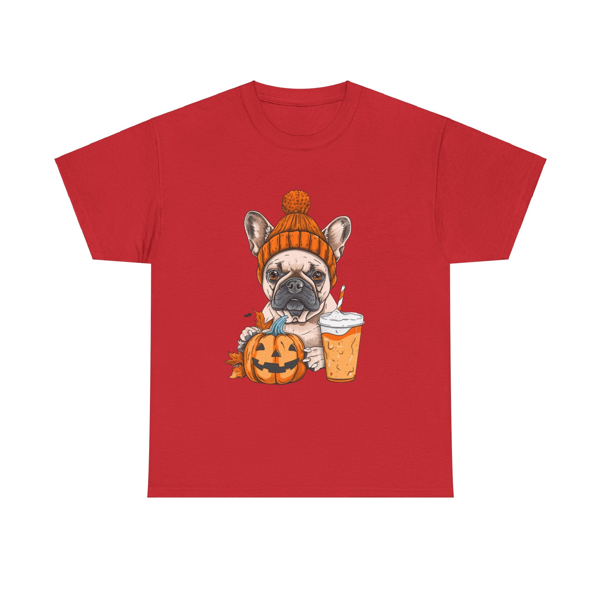 Printify T-Shirt Red / S Pumpkin Spice Pooch French Bulldog Unisex Heavy Cotton Tee