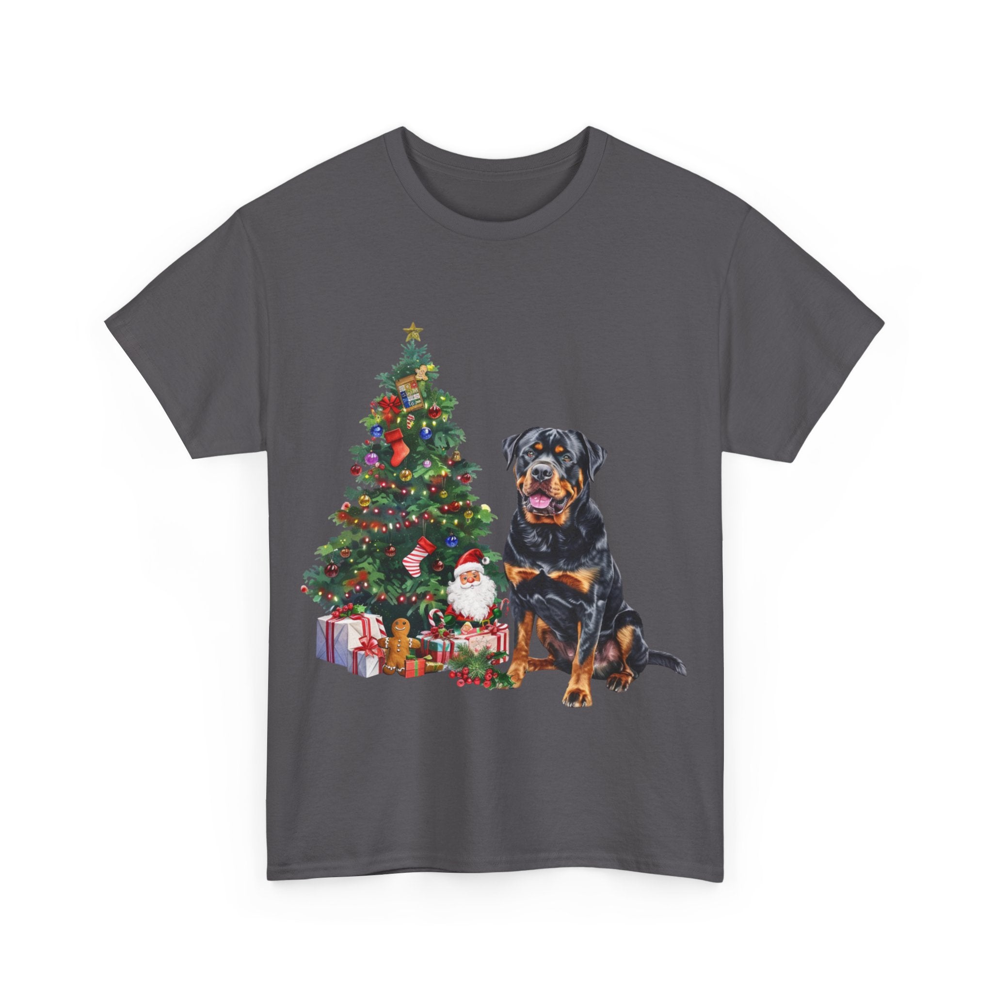 Printify T-Shirt Rottweiler with Christmas Tree and Gifts – Festive Holiday Dog Art