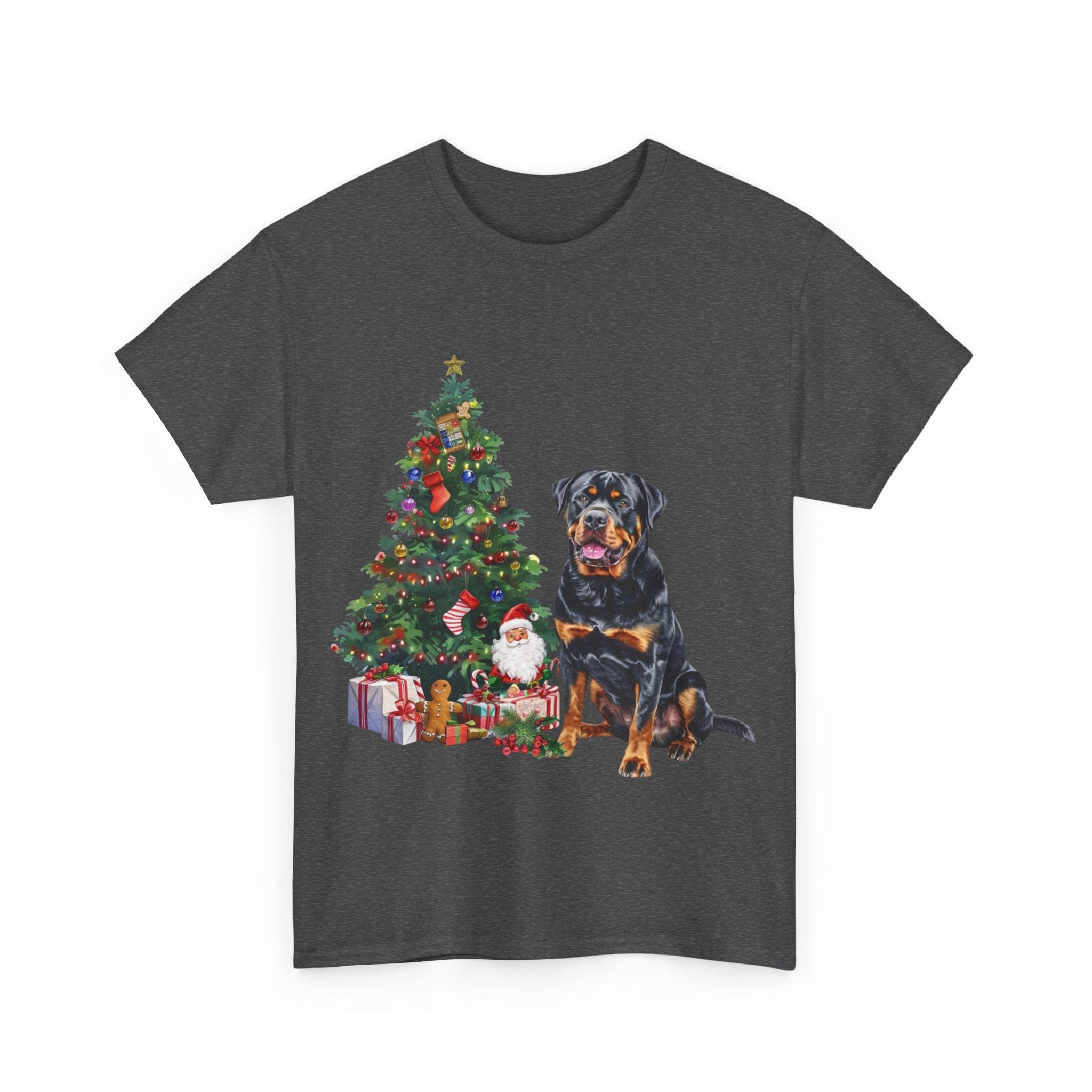 Printify T-Shirt Rottweiler with Christmas Tree and Gifts – Festive Holiday Dog Art