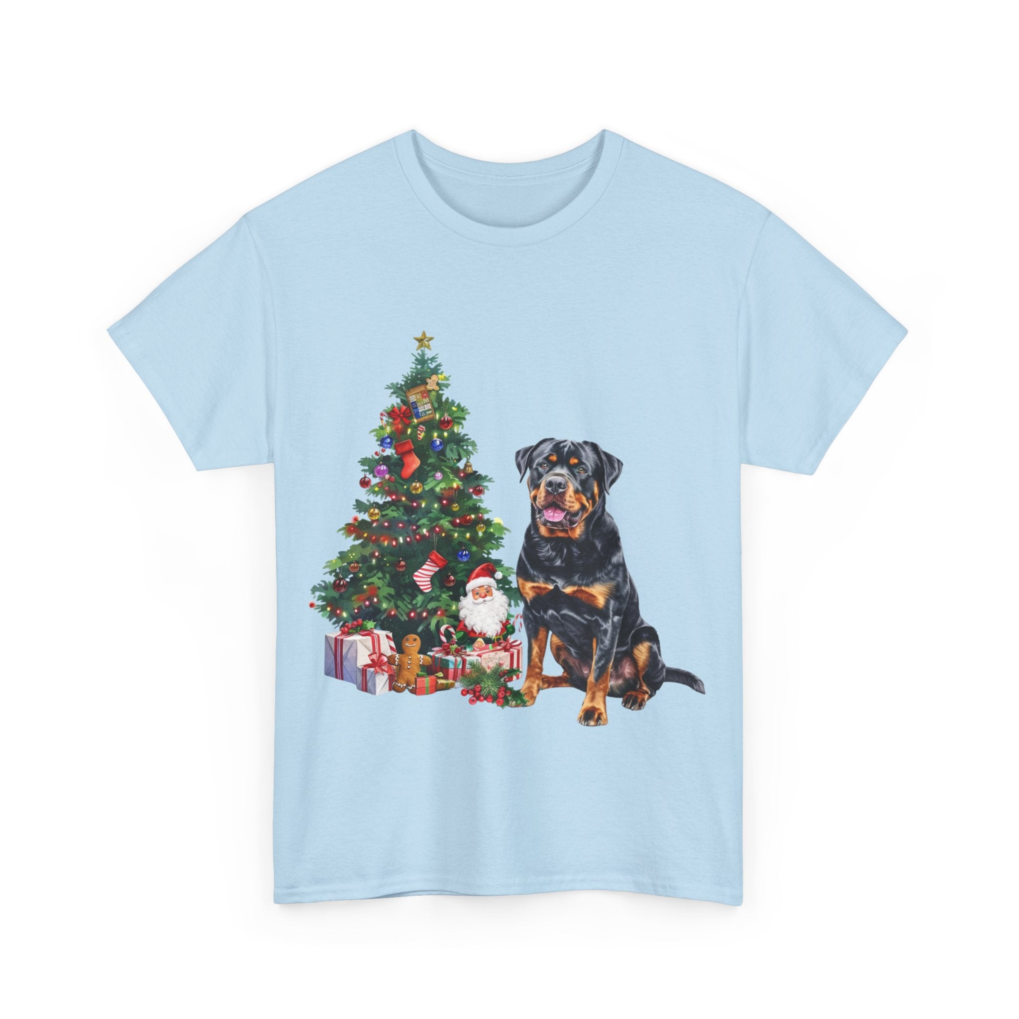 Printify T-Shirt Rottweiler with Christmas Tree and Gifts – Festive Holiday Dog Art