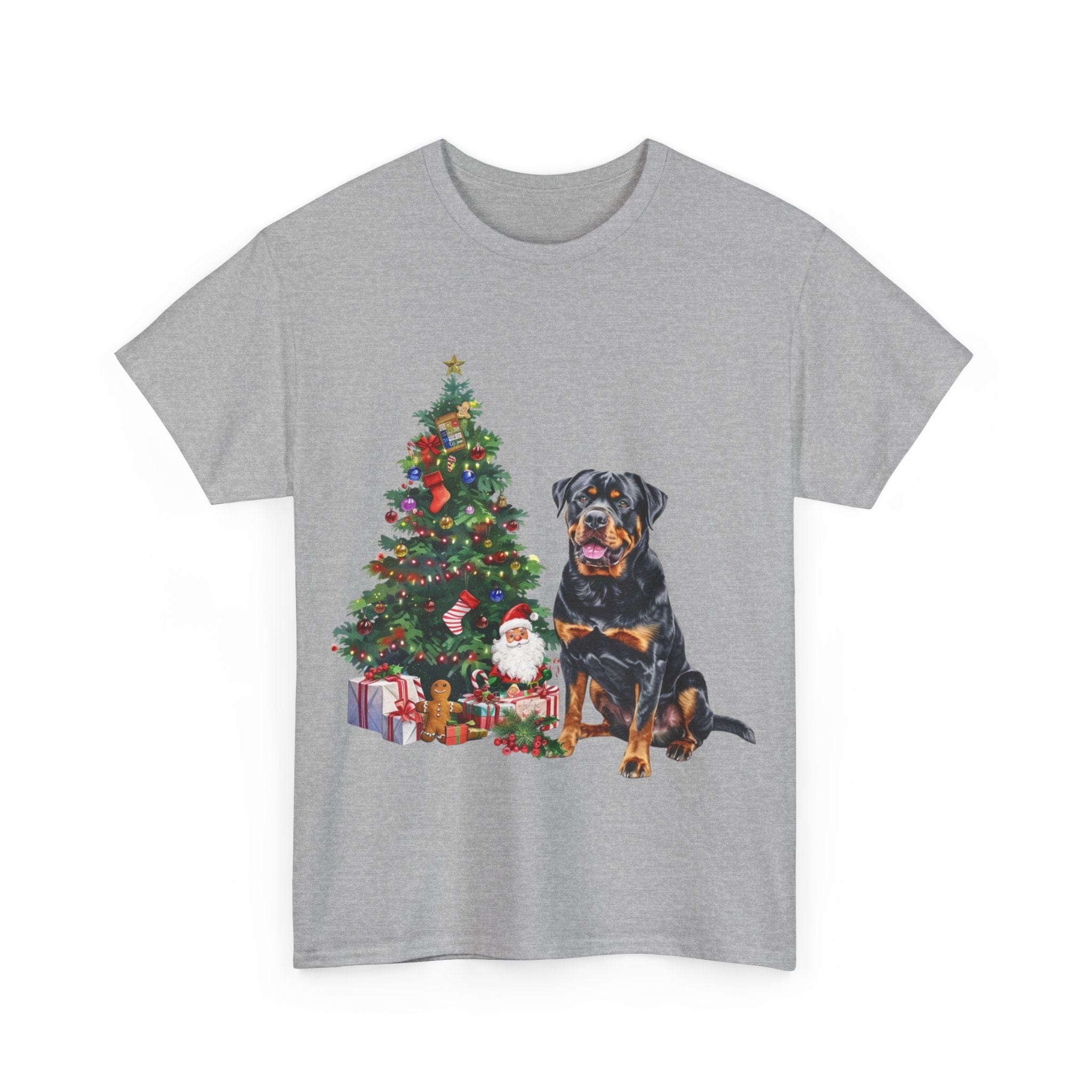 Printify T-Shirt Rottweiler with Christmas Tree and Gifts – Festive Holiday Dog Art