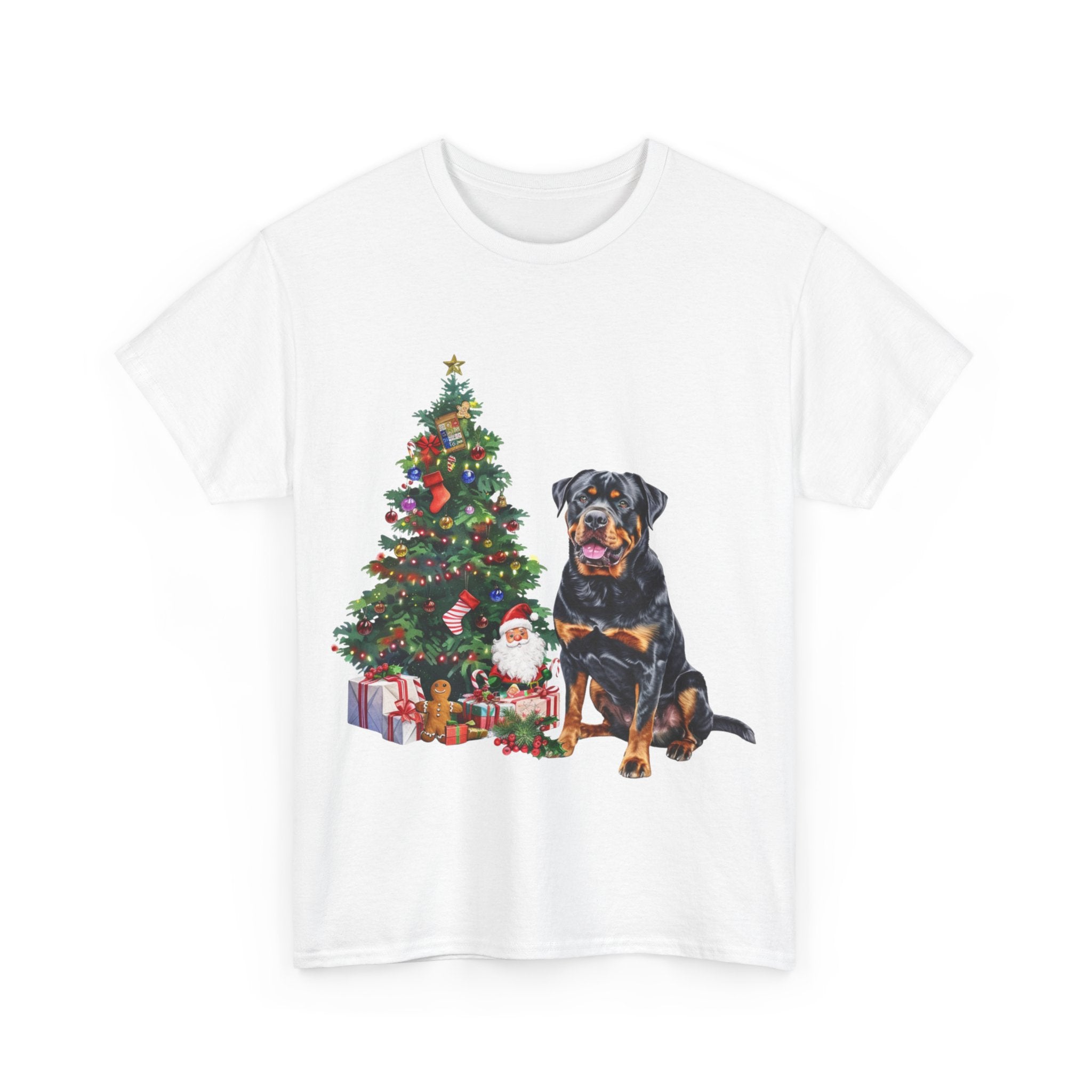 Printify T-Shirt Rottweiler with Christmas Tree and Gifts – Festive Holiday Dog Art