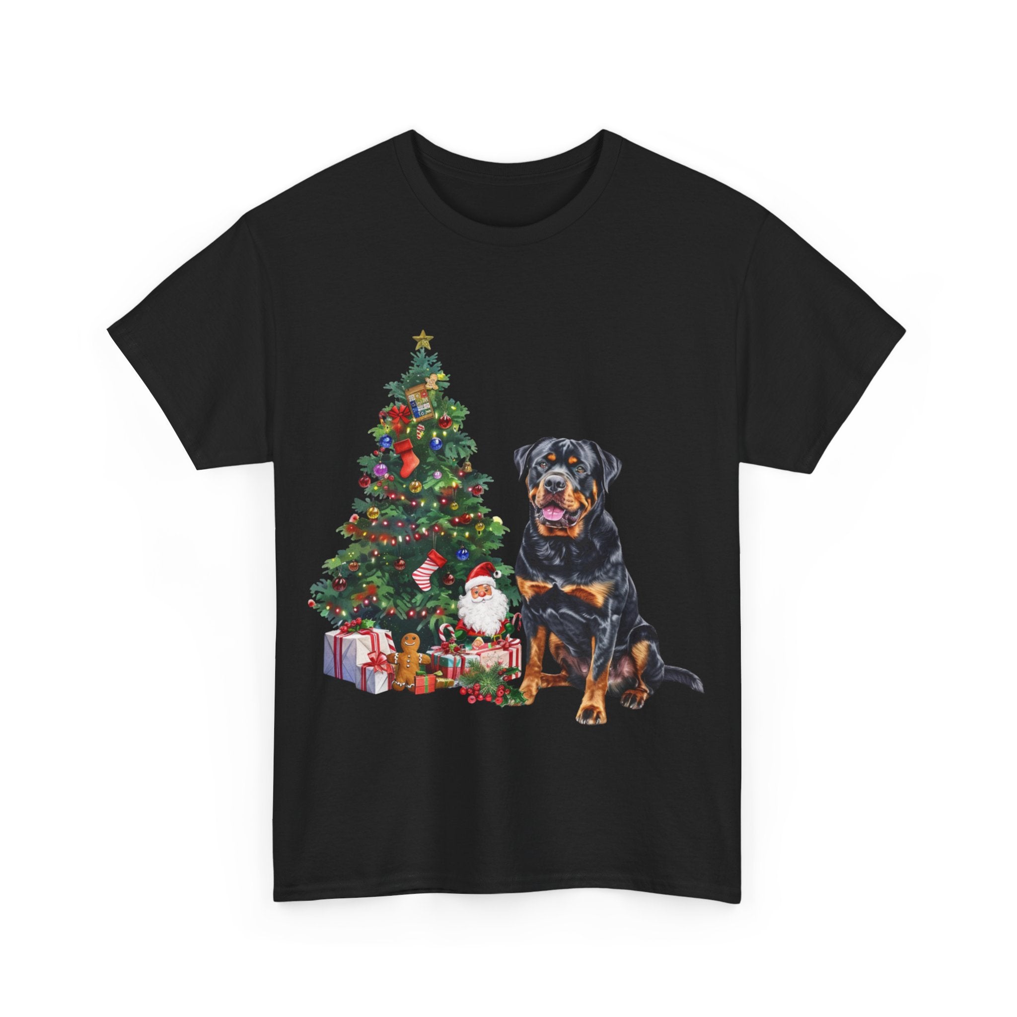 Printify T-Shirt Rottweiler with Christmas Tree and Gifts – Festive Holiday Dog Art