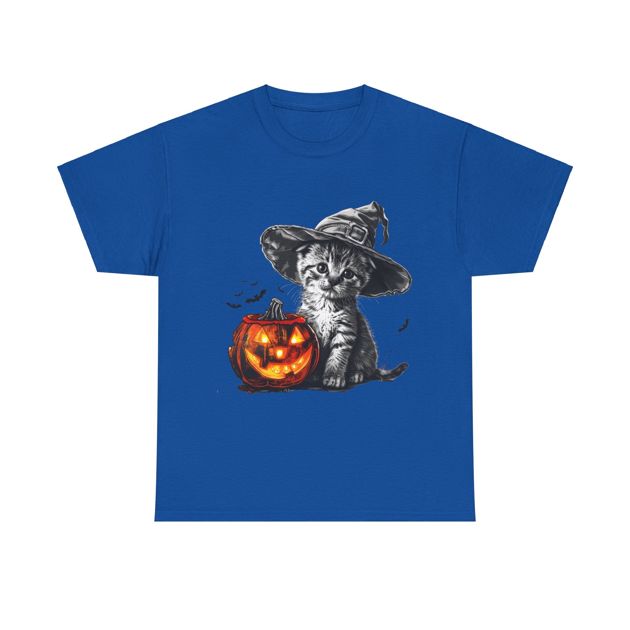 Printify T-Shirt Royal / S Adorable Kitten Witch Halloween Shirt – Spooky Pumpkin Design