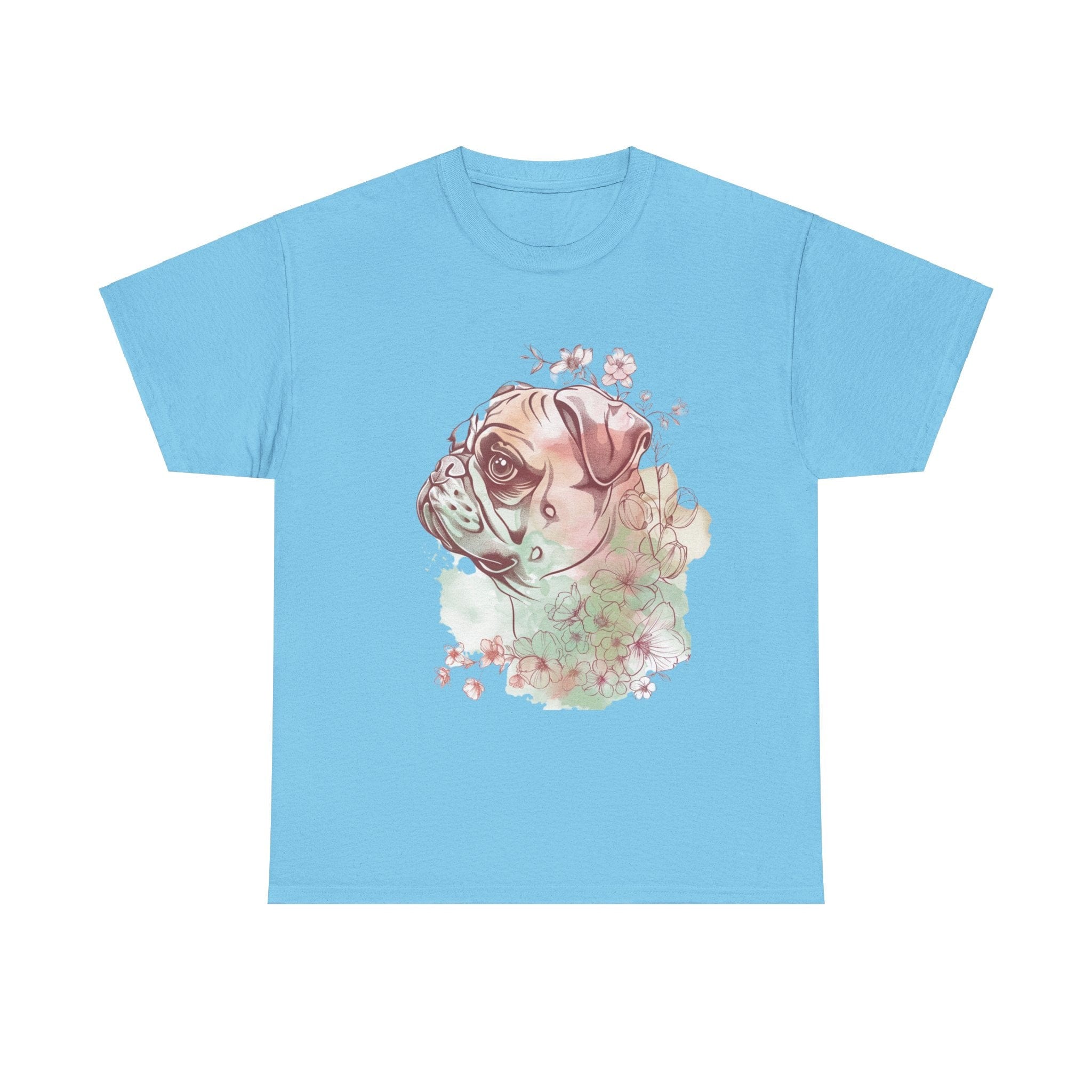 Printify T-Shirt Sky / L Floral Pug Silhouette Unisex Heavy Cotton Tee