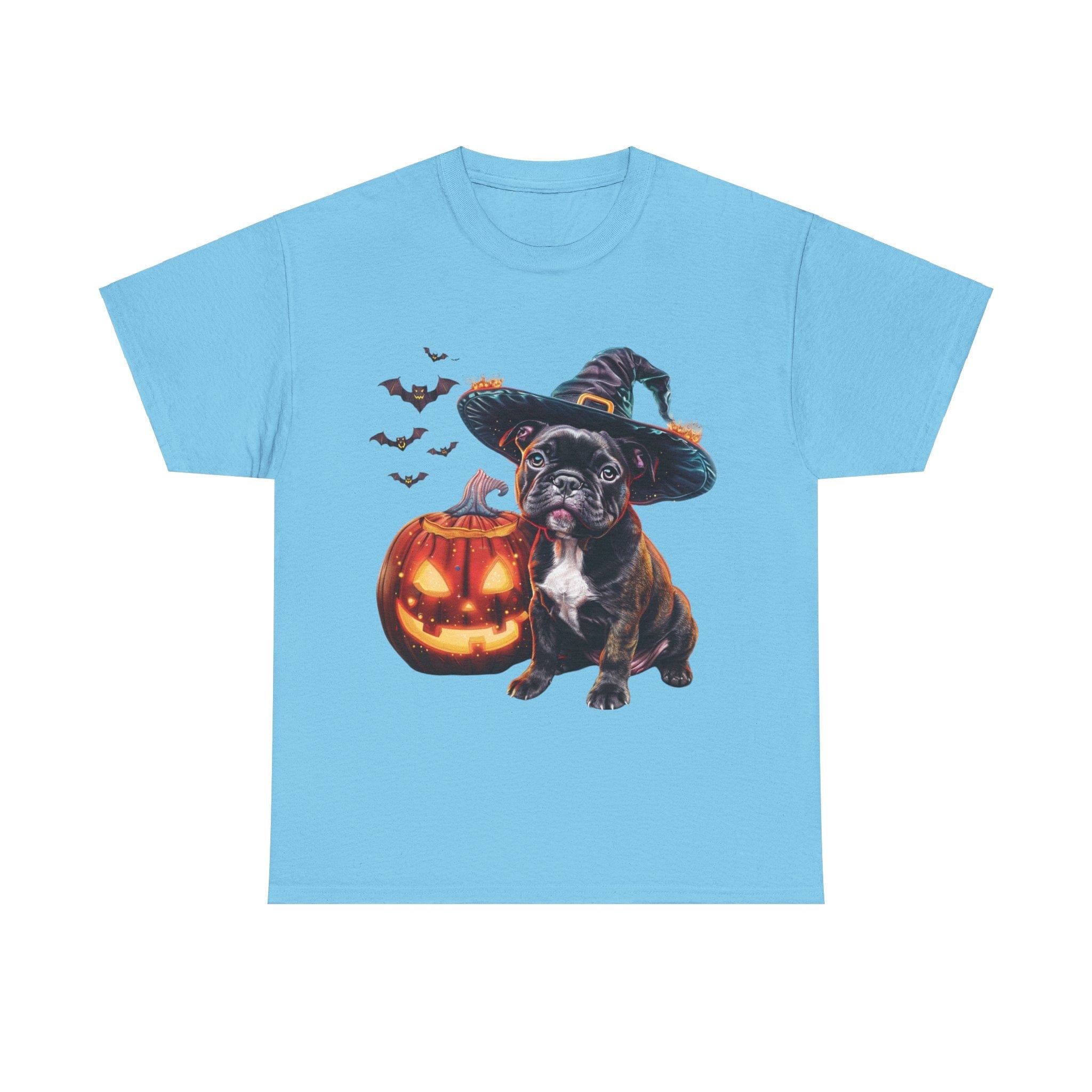 Printify T-Shirt Sky / L French Bulldog Halloween Witch Hat and Pumpkin Unisex Cotton Tee