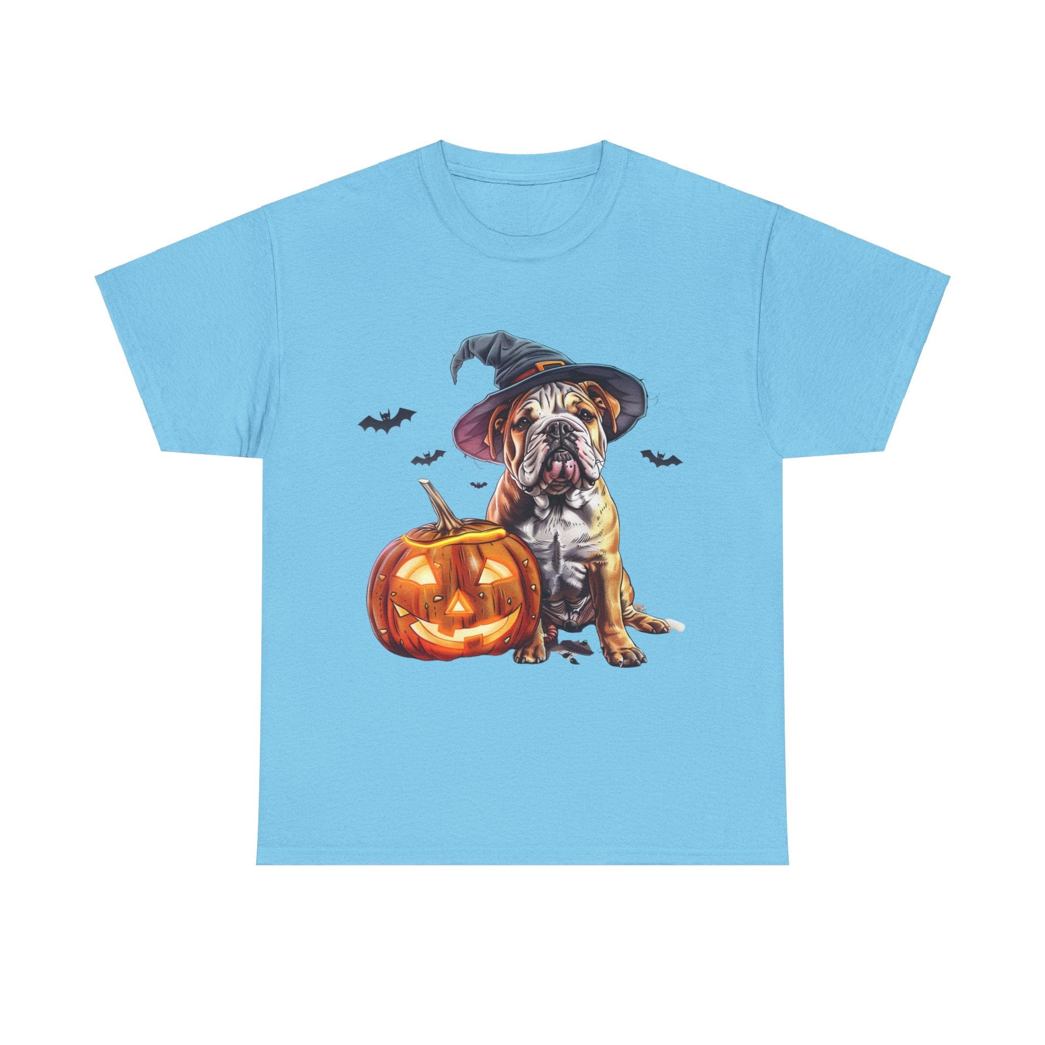 Printify T-Shirt Sky / L Halloween Bulldog Witch Hat & Pumpkin Glow Unisex Cotton Tee