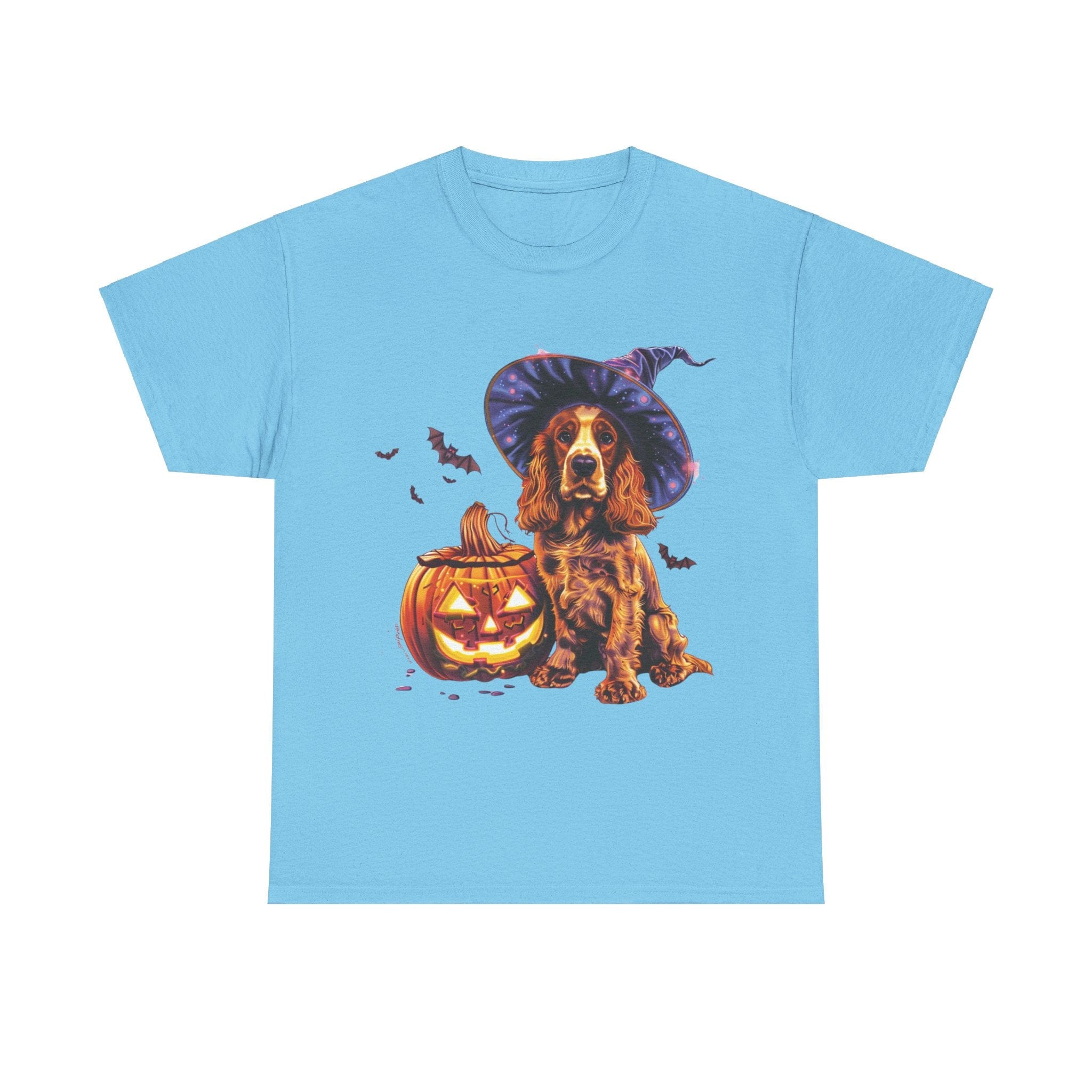 Printify T-Shirt Sky / L Halloween Cocker Spaniel Witch Hat and Pumpkin Unisex Cotton Tee