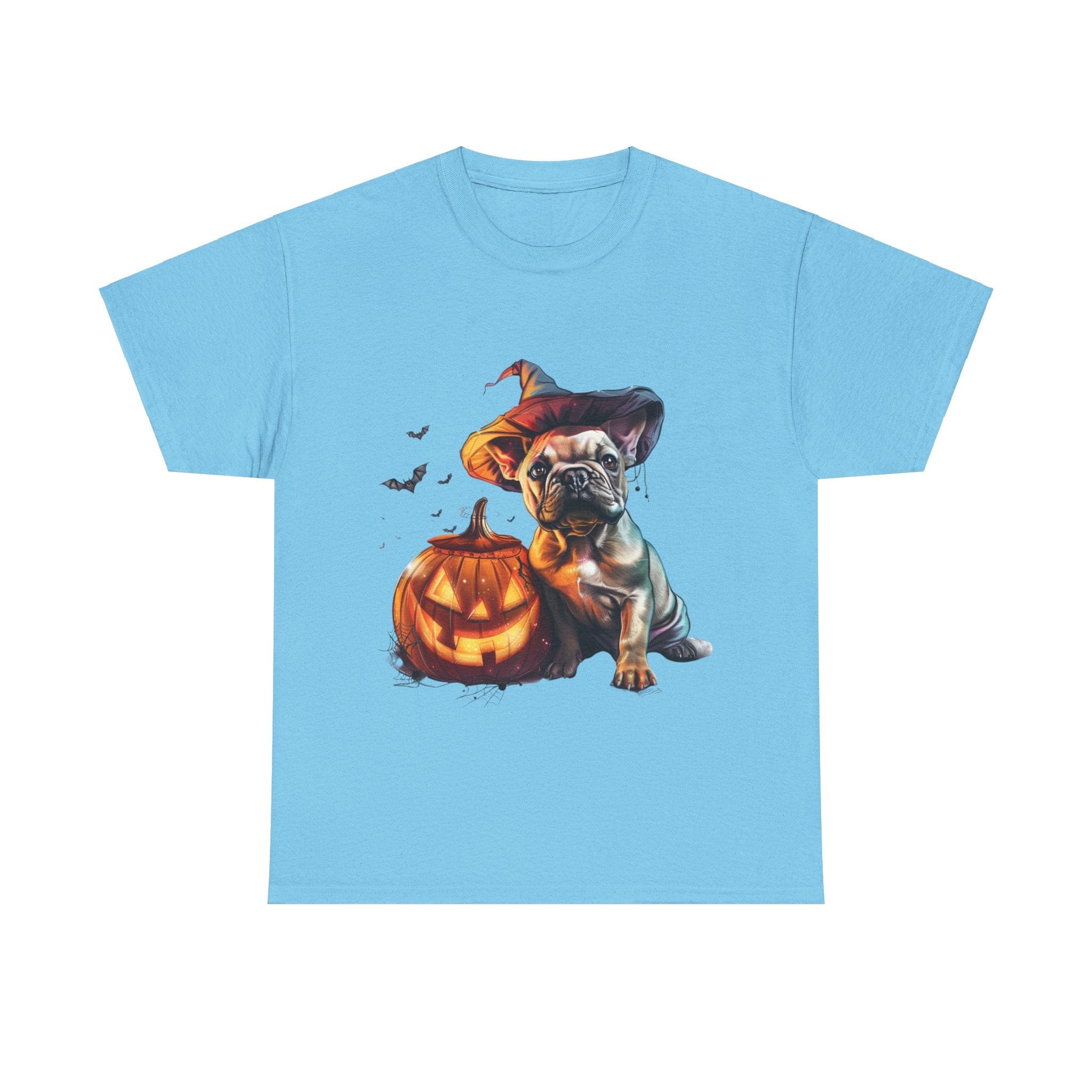 Printify T-Shirt Sky / L Halloween French Bulldog with Pumpkin and Witch Hat Unisex Cotton Tee