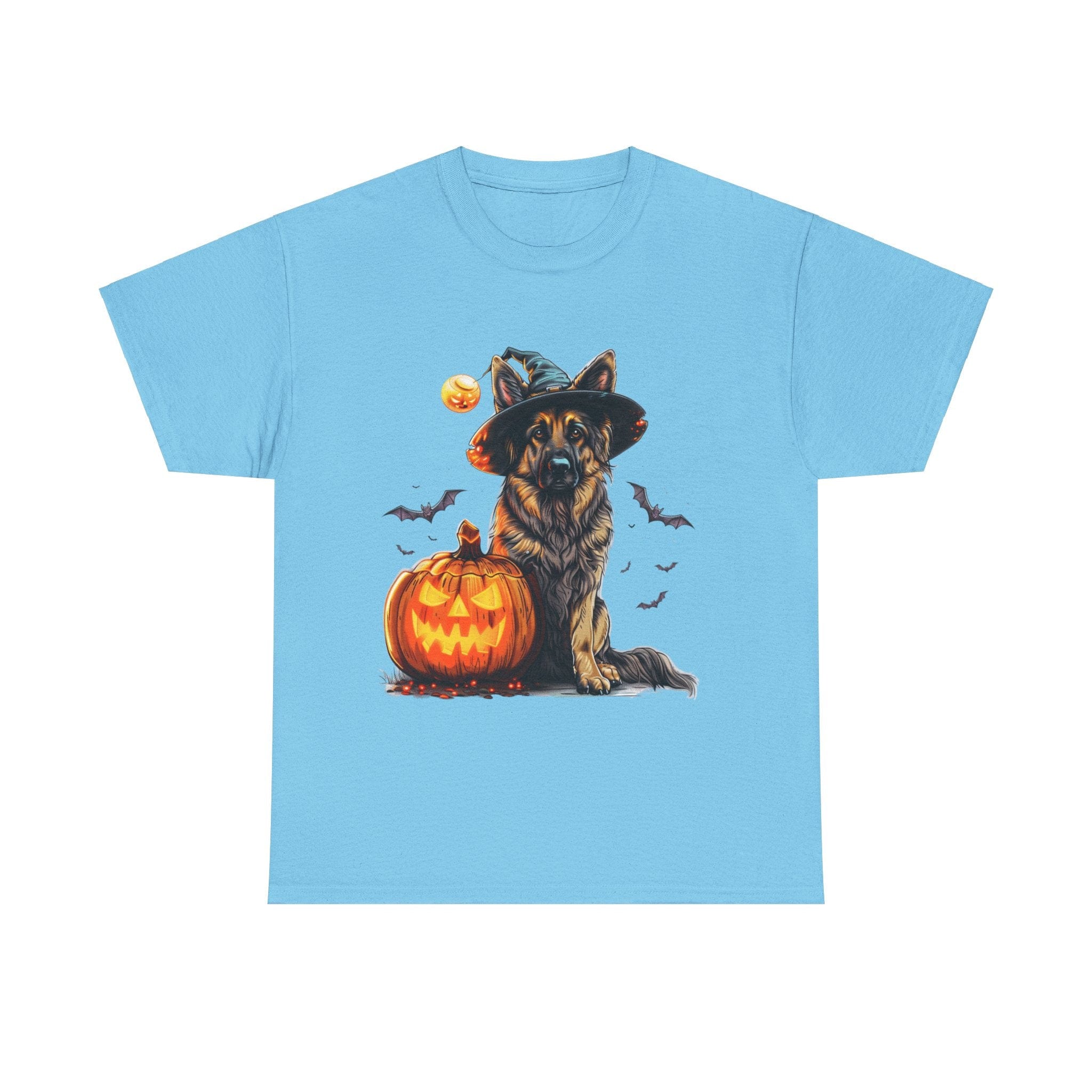 Printify T-Shirt Sky / L Halloween German Shepherd with Witch Hat and Pumpkin Unisex Cotton Tee