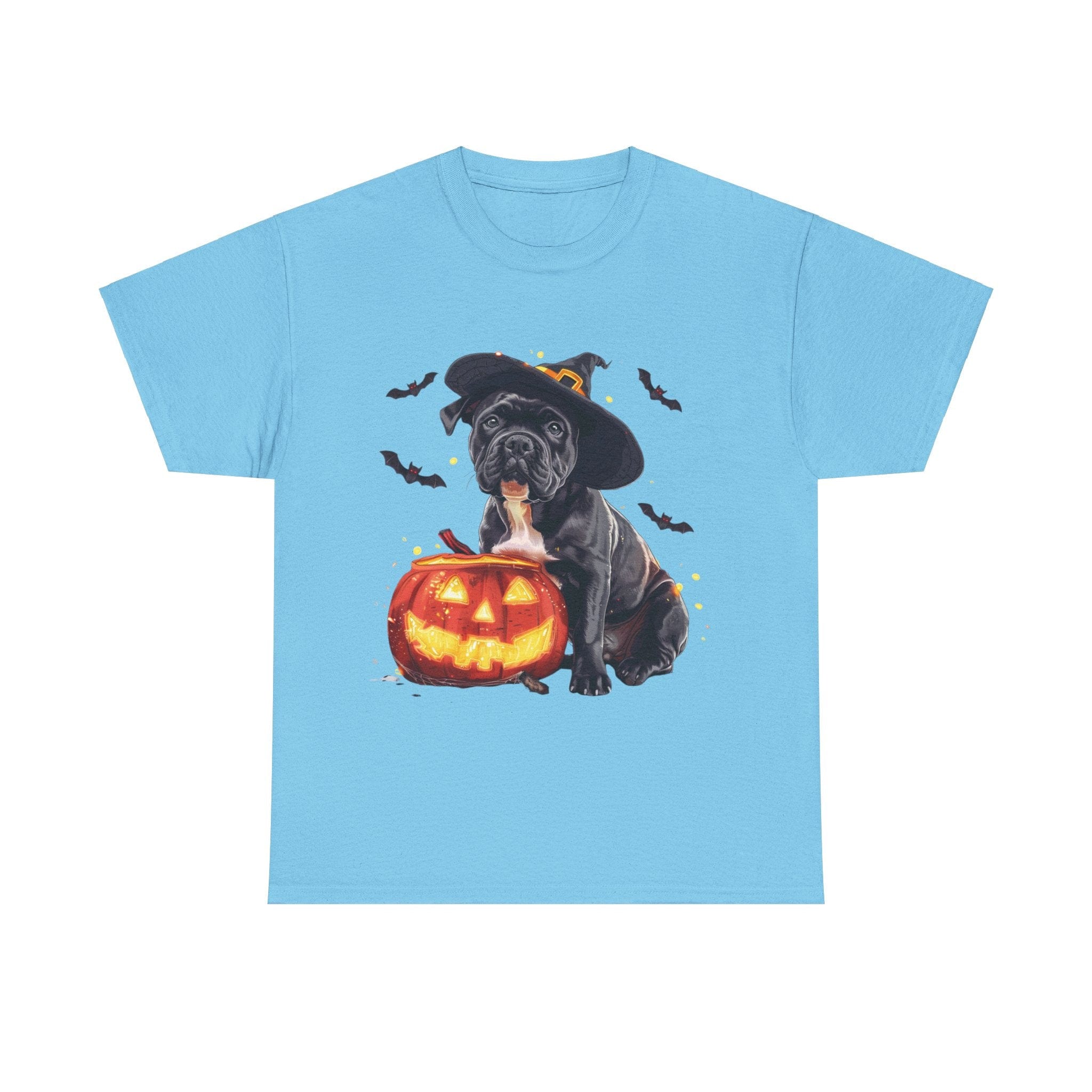 Printify T-Shirt Sky / L Halloween Staffordshire Bull Terrier in Witch Hat Tee – Unisex Cotton Shirt