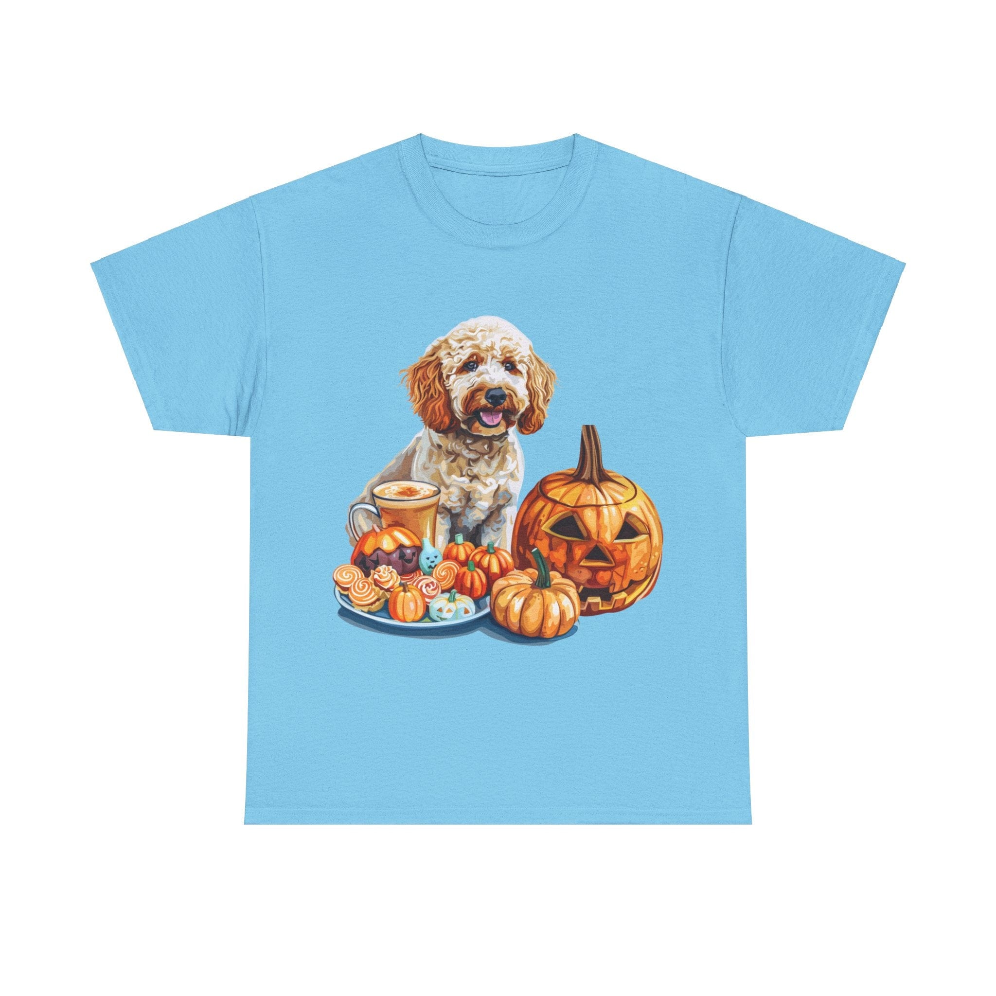 Printify T-Shirt Sky / M Adorable Cockapoo Halloween Design with Pumpkins and Festive Treats - Perfect for Dog Lovers