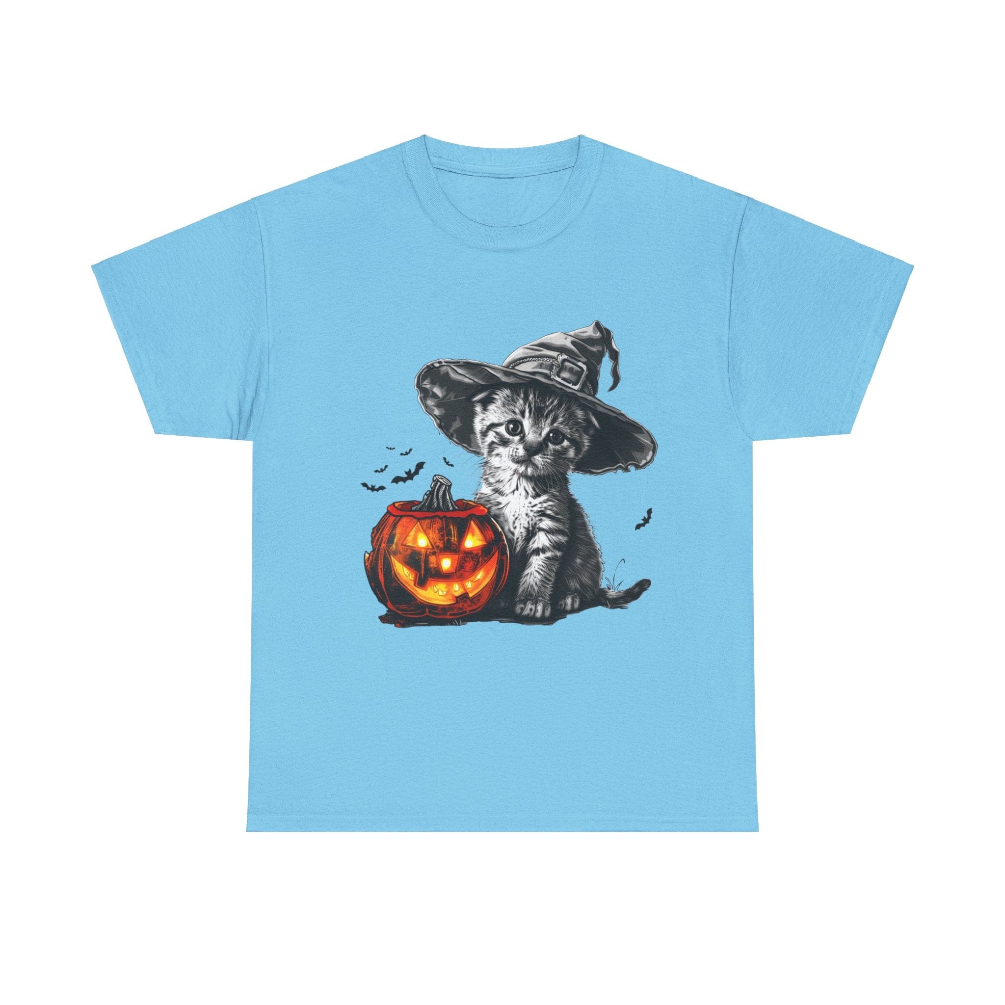 Printify T-Shirt Sky / M Adorable Kitten Witch Halloween Shirt – Spooky Pumpkin Design