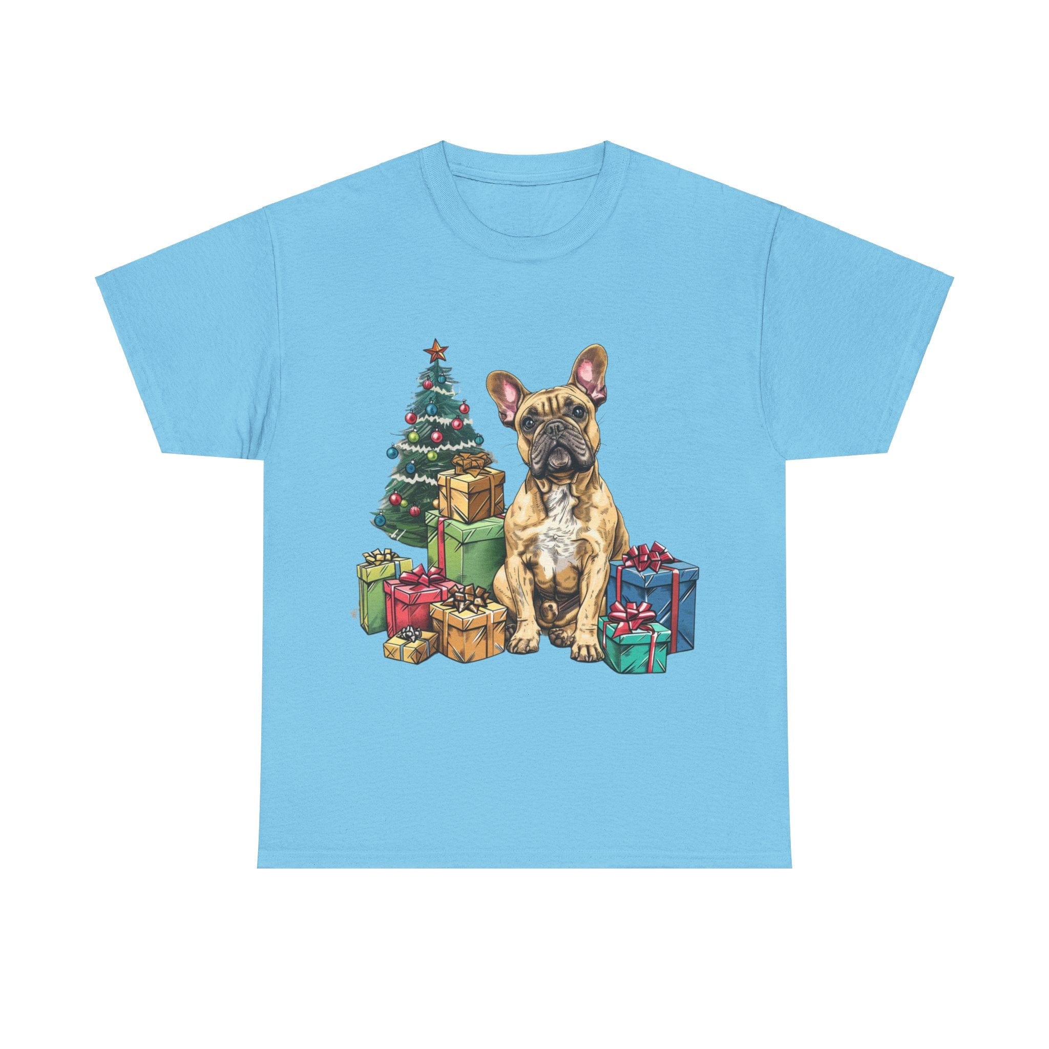 Printify T-Shirt Sky / M Christmas French Bulldog with Presents – A Festive and Adorable Holiday Design for Dog Lovers