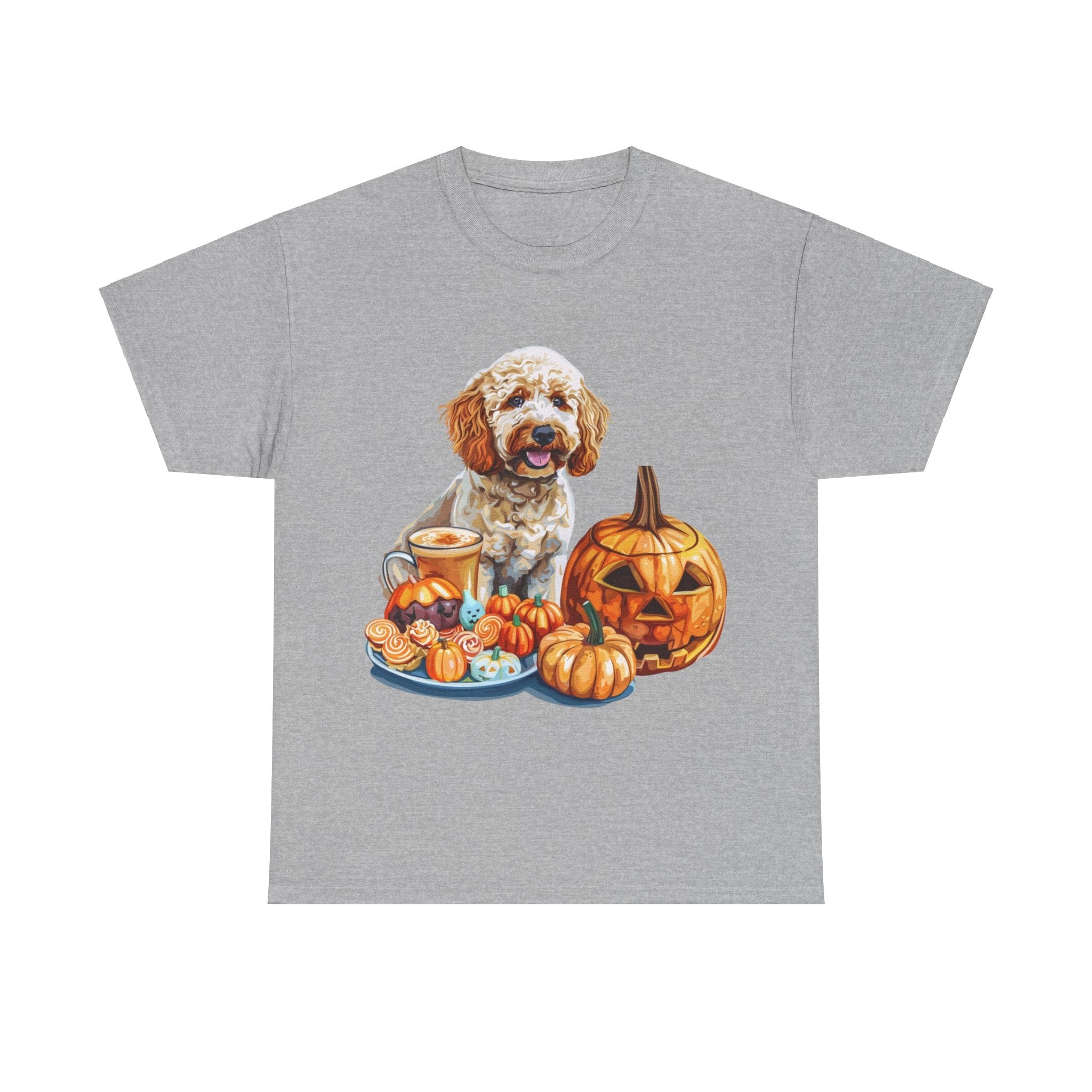 Printify T-Shirt Sport Grey / S Adorable Cockapoo Halloween Design with Pumpkins and Festive Treats - Perfect for Dog Lovers