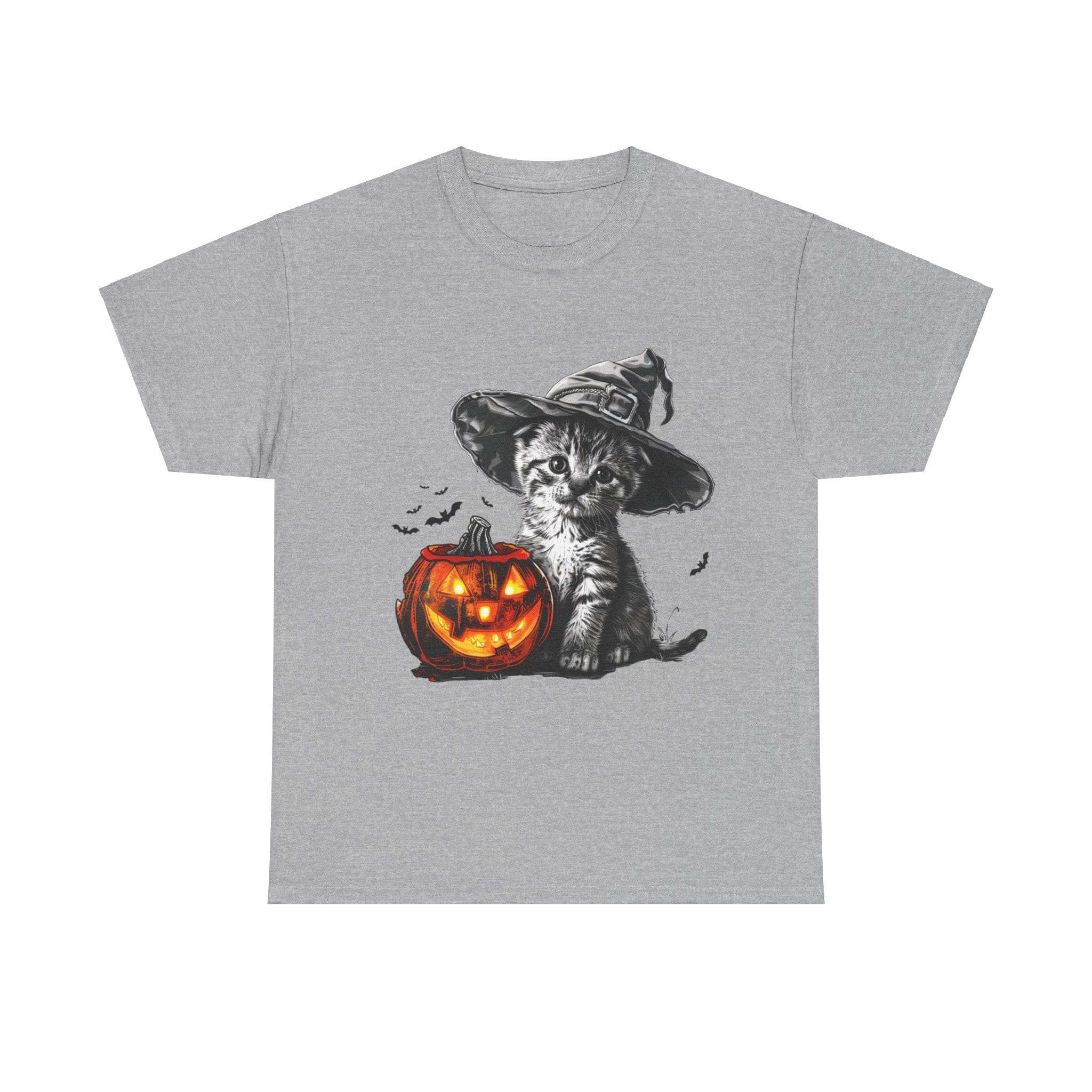 Printify T-Shirt Sport Grey / S Adorable Kitten Witch Halloween Shirt – Spooky Pumpkin Design