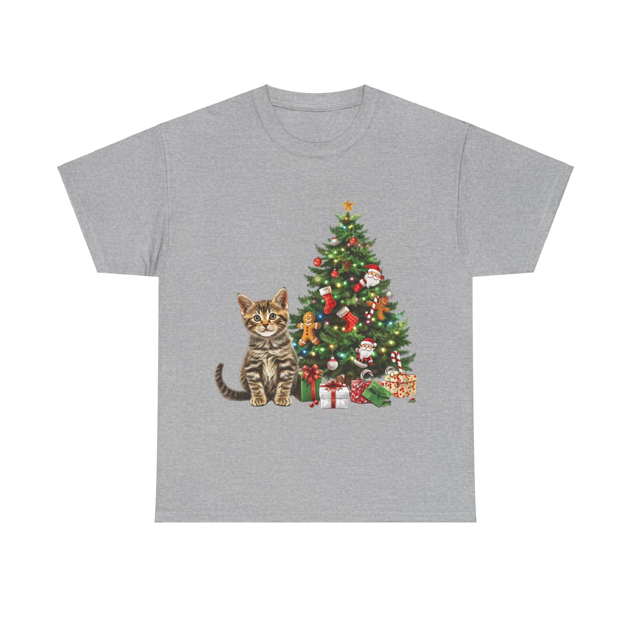 Printify T-Shirt Sport Grey / S Adorable Tabby Kitten with Christmas Tree and Gifts – Festive Holiday Cat Art