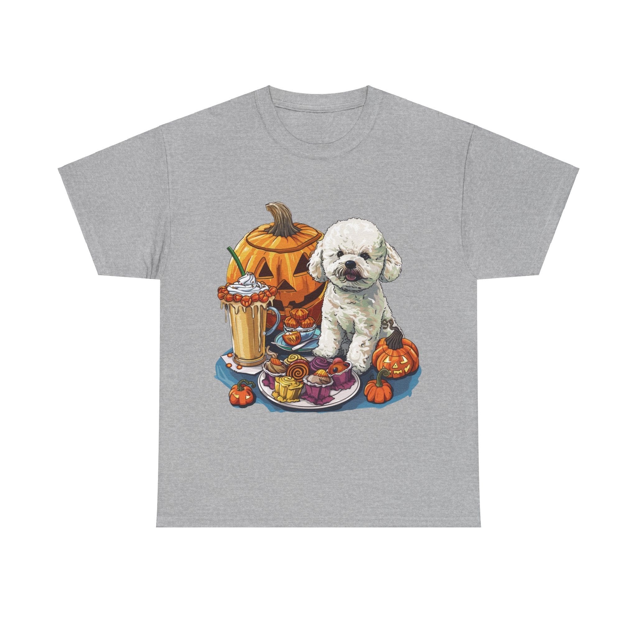 Printify T-Shirt Sport Grey / S Bichon Frise Halloween Design with Jack-o'-Lanterns and Festive Treats – Perfect for Dog Lovers