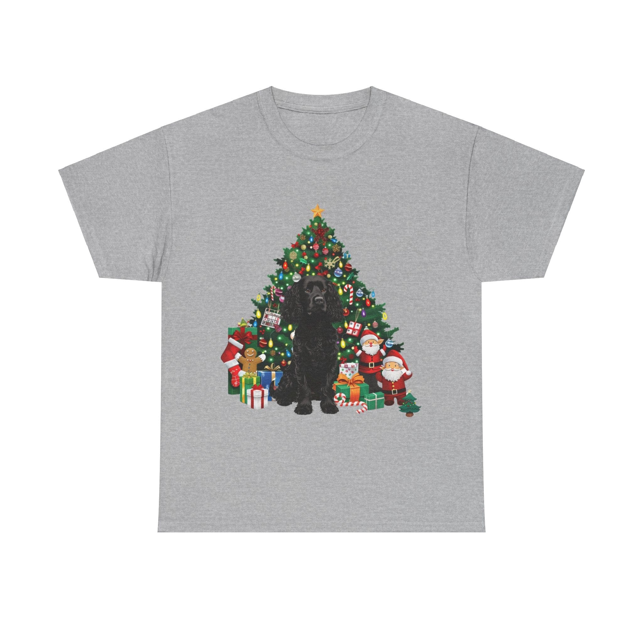 Printify T-Shirt Sport Grey / S Black Cocker Spaniel with Christmas Tree and Santa – Festive Holiday Dog Art