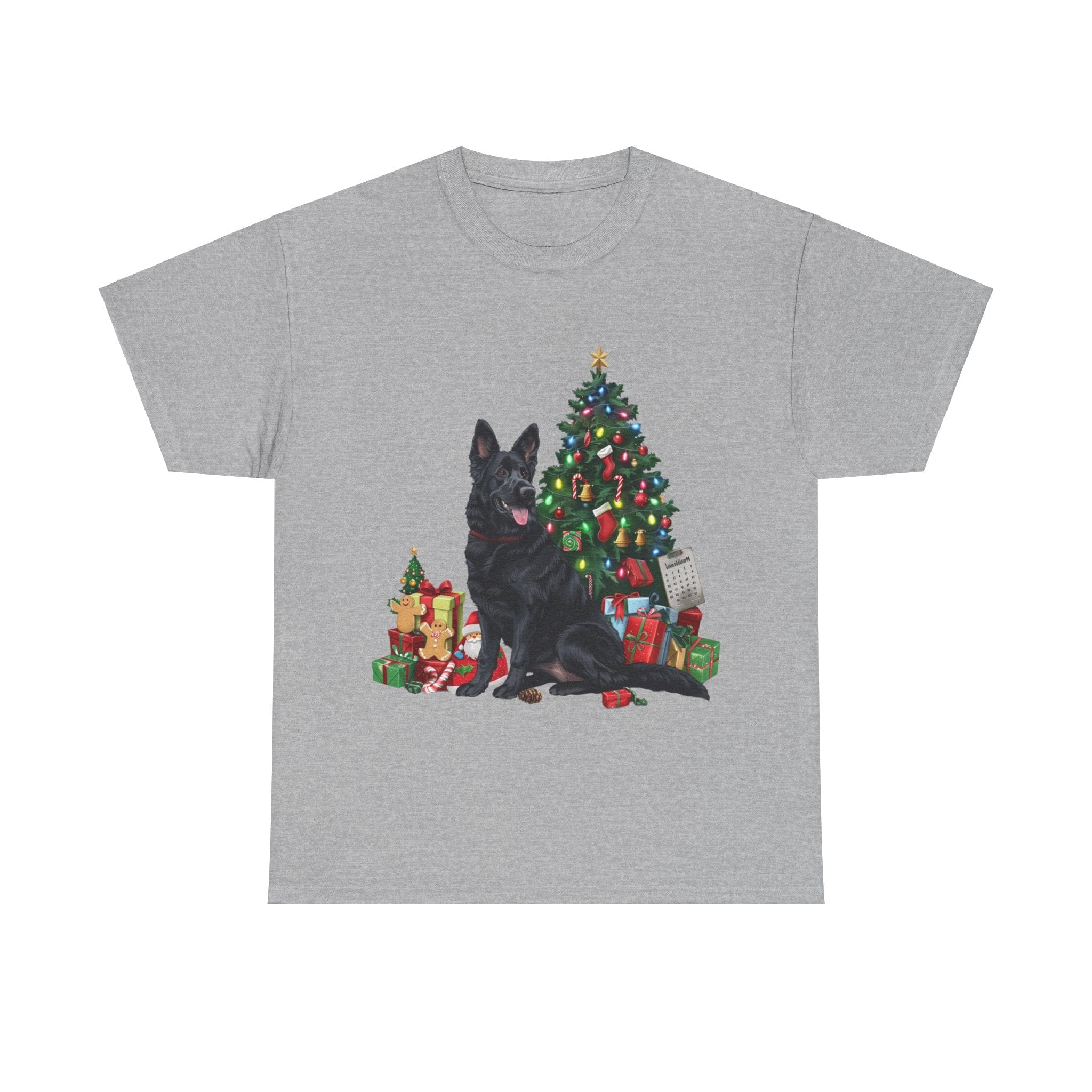 Printify T-Shirt Sport Grey / S Black German Shepherd with Christmas Tree and Gifts – Festive Holiday Dog Art