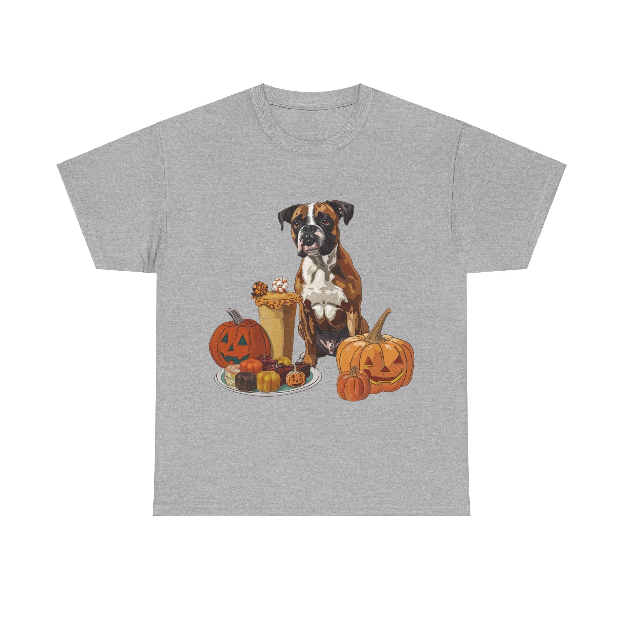 Printify T-Shirt Sport Grey / S Boxer Halloween Design with Jack-o'-Lanterns and Festive Sweets – Ideal for Dog Lovers