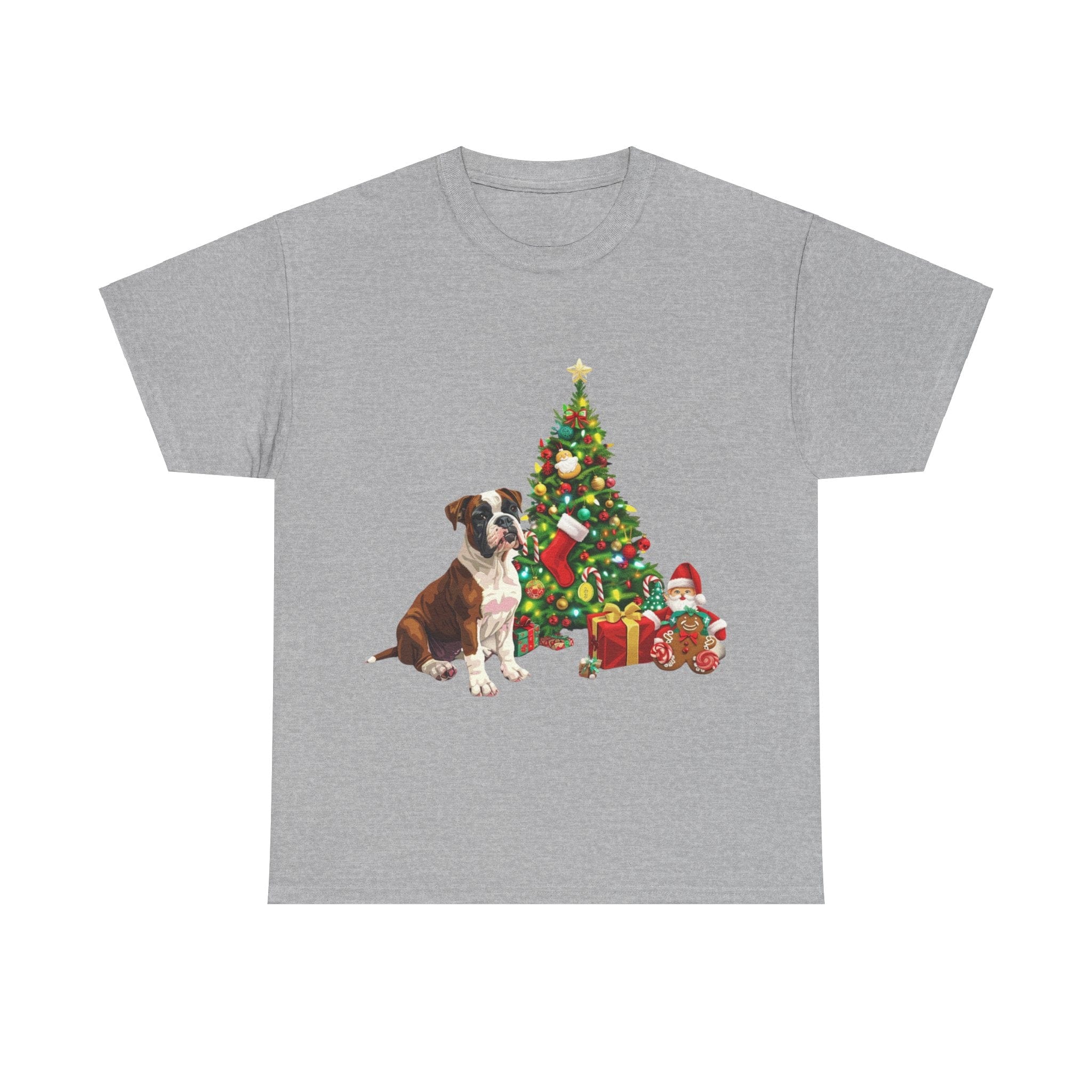 Printify T-Shirt Sport Grey / S Boxer with Christmas Tree and Gifts – Festive Holiday Dog Art