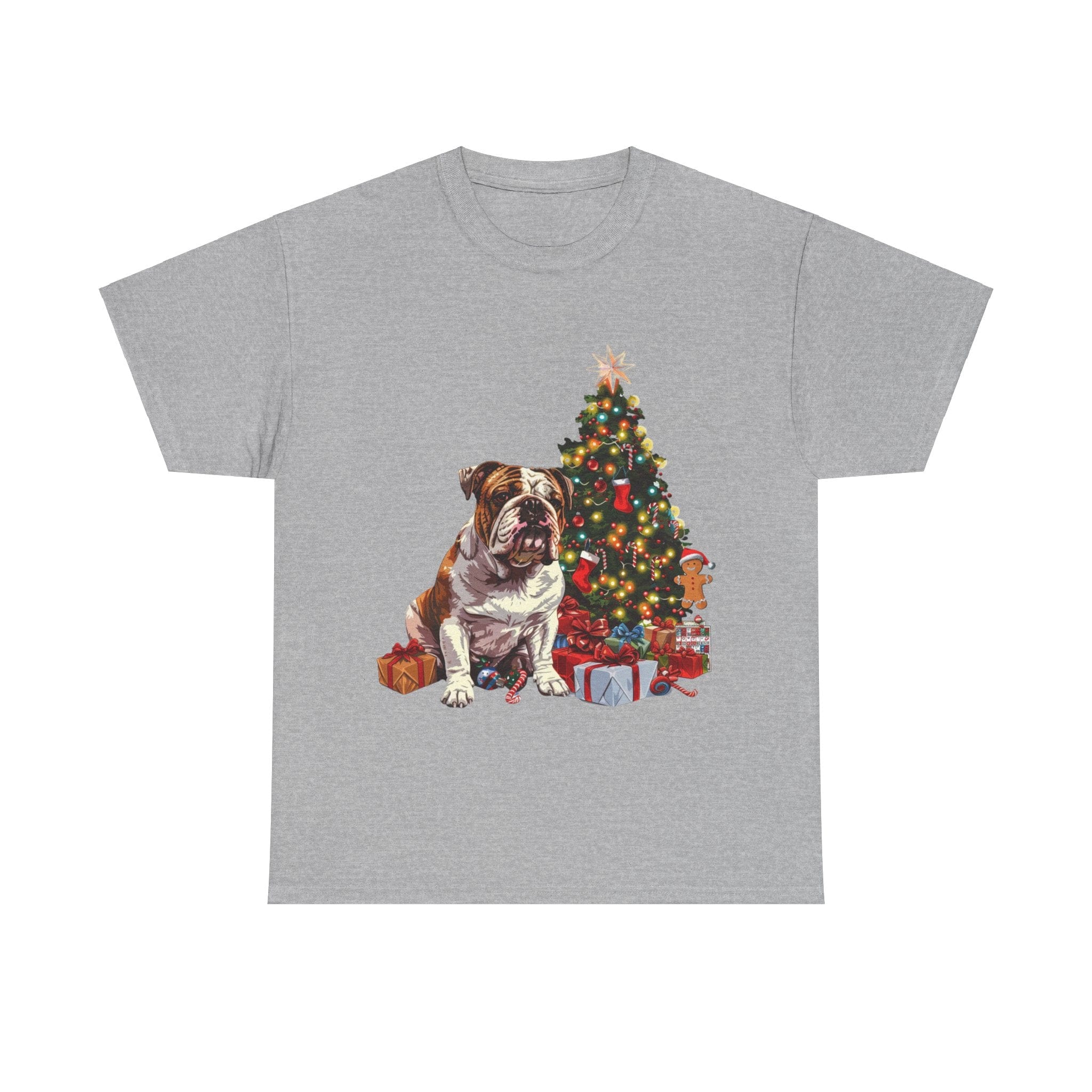 Printify T-Shirt Sport Grey / S Bulldog with Christmas Tree and Gifts – Festive Holiday Dog Art