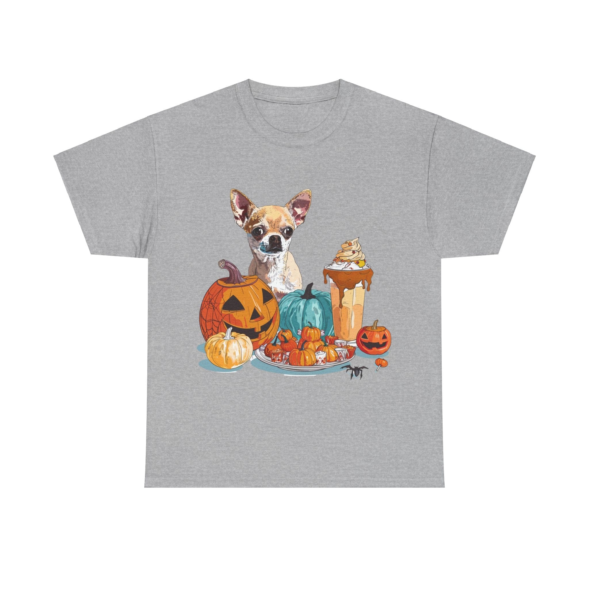 Printify T-Shirt Sport Grey / S Chihuahua Halloween Design with Jack-o'-Lanterns and Festive Sweets – Perfect for Dog Lovers