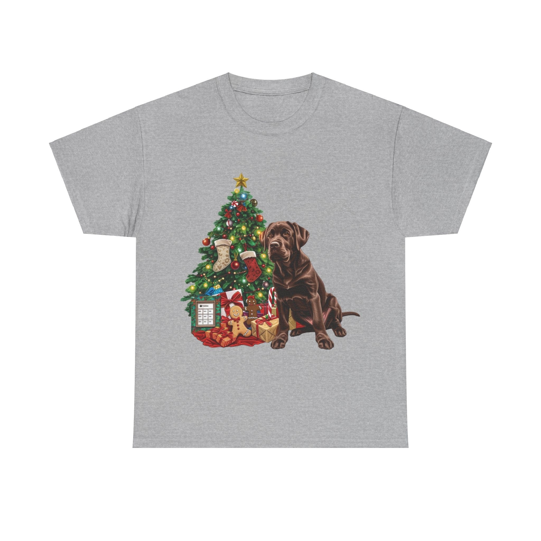 Printify T-Shirt Sport Grey / S Chocolate Labrador with Christmas Tree and Presents – Festive Holiday Dog Art