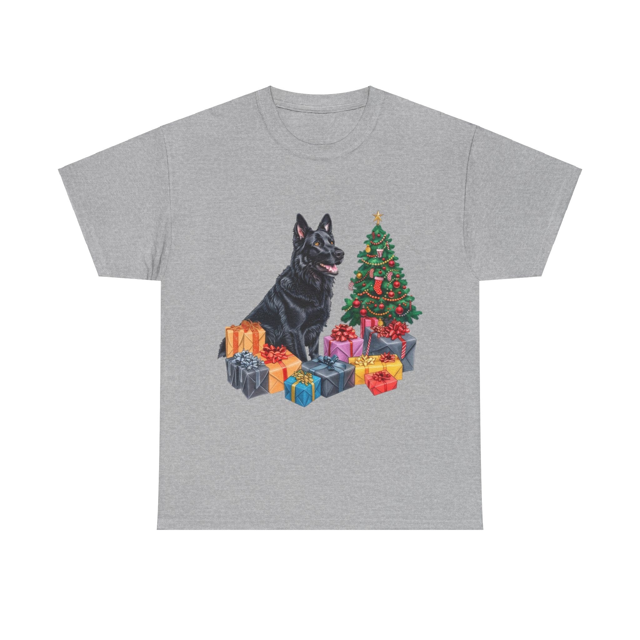 Printify T-Shirt Sport Grey / S Christmas Black Shepherd Dog with Gifts and Tree – A Festive and Loyal Companion