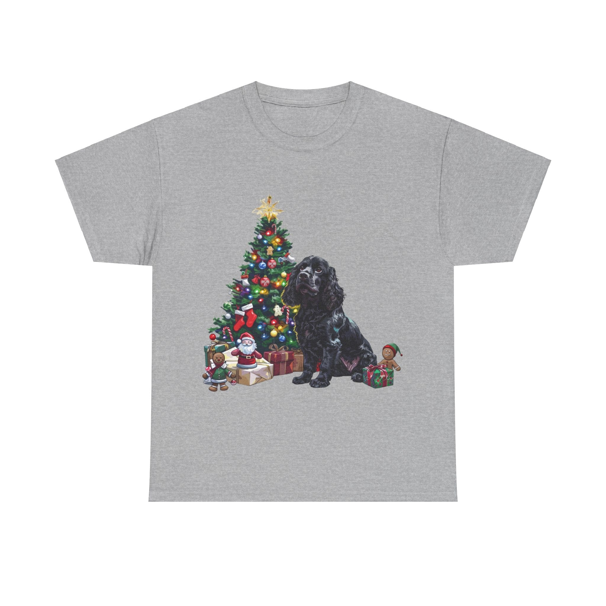 Printify T-Shirt Sport Grey / S Cocker Spaniel with Christmas Tree and Gifts – Festive Holiday Dog Art