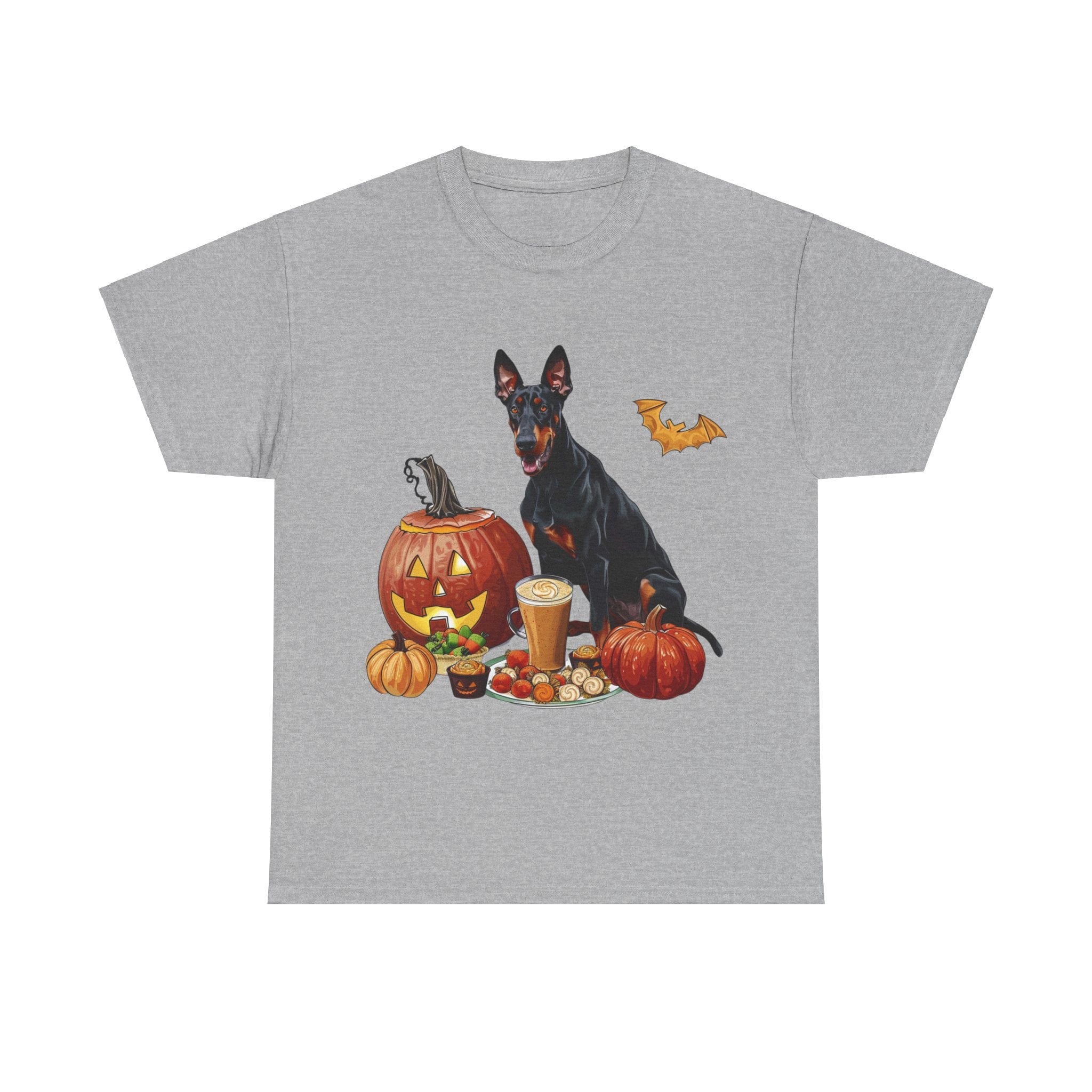 Printify T-Shirt Sport Grey / S Doberman Halloween Design with Jack-o'-Lanterns and Festive Treats – Perfect for Dog Lovers