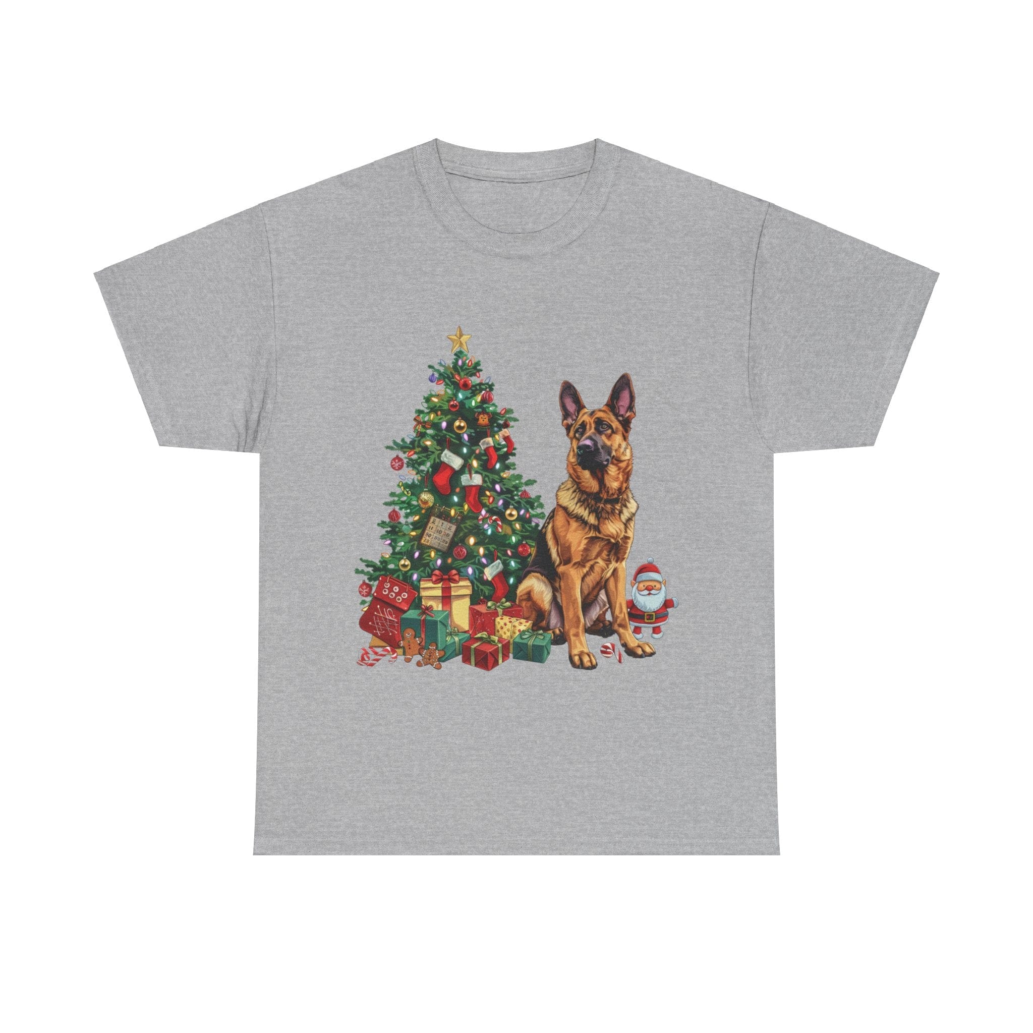 Printify T-Shirt Sport Grey / S German Shepherd Christmas Tree with Santa and Gifts – Festive Holiday Dog Art for Christmas