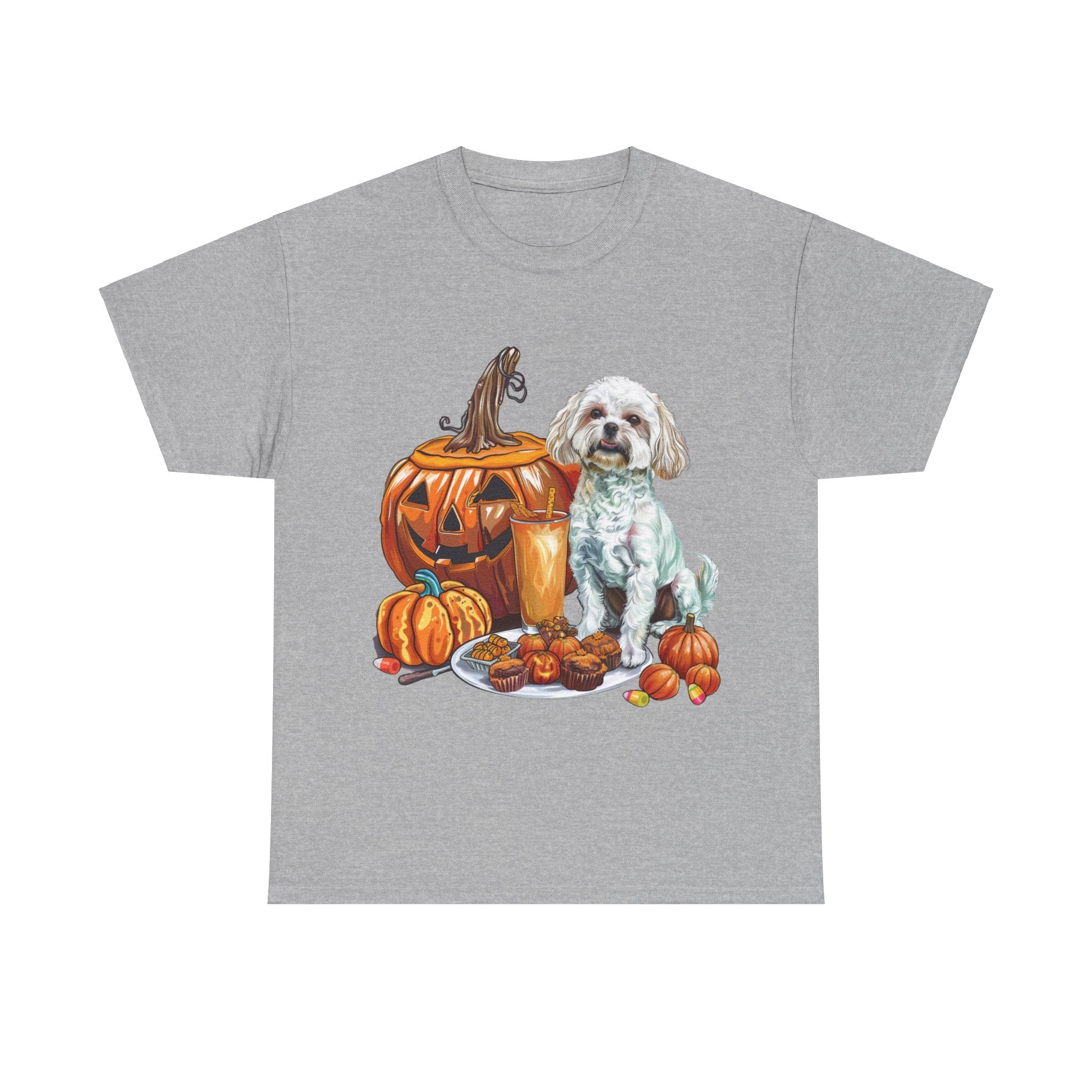 Printify T-Shirt Sport Grey / S Maltese Halloween Design with Jack-o'-Lanterns and Festive Pumpkin Treats – Perfect for Dog Lovers