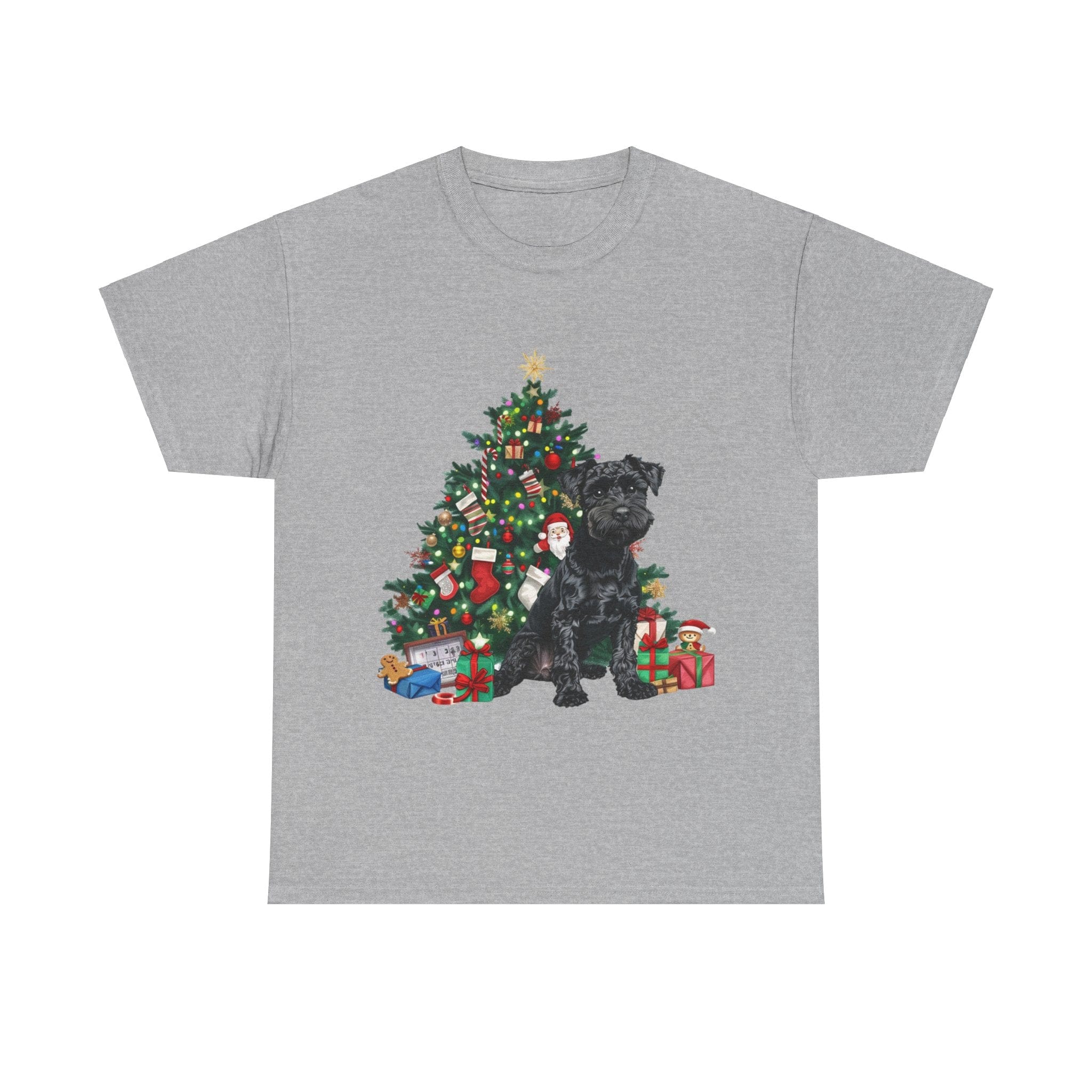 Printify T-Shirt Sport Grey / S Miniature Schnauzer with Christmas Tree and Gifts – Festive Holiday Dog Art