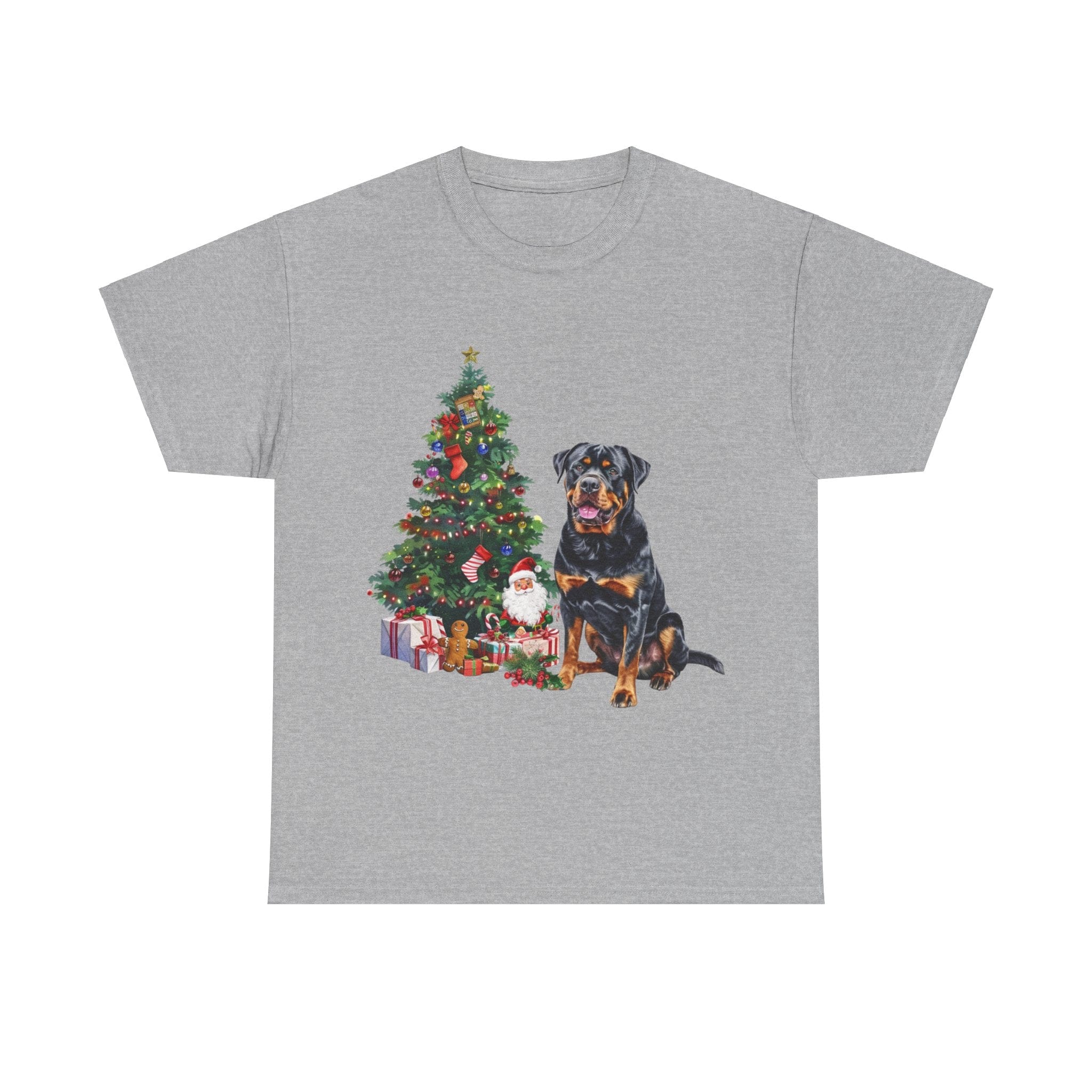 Printify T-Shirt Sport Grey / S Rottweiler with Christmas Tree and Gifts – Festive Holiday Dog Art