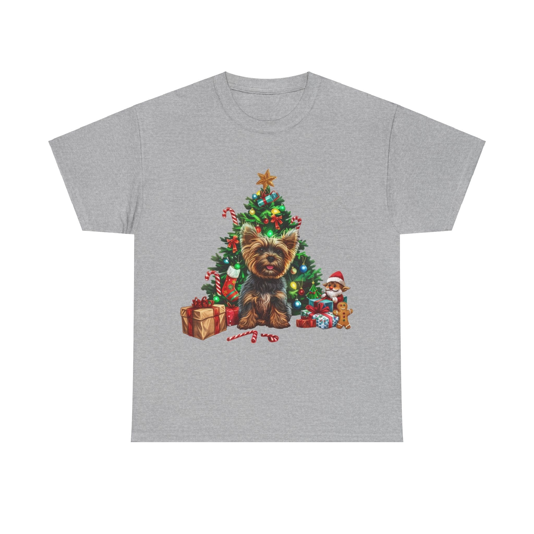 Printify T-Shirt Sport Grey / S Yorkshire Terrier with Christmas Tree and Gifts – Festive Holiday Dog Art