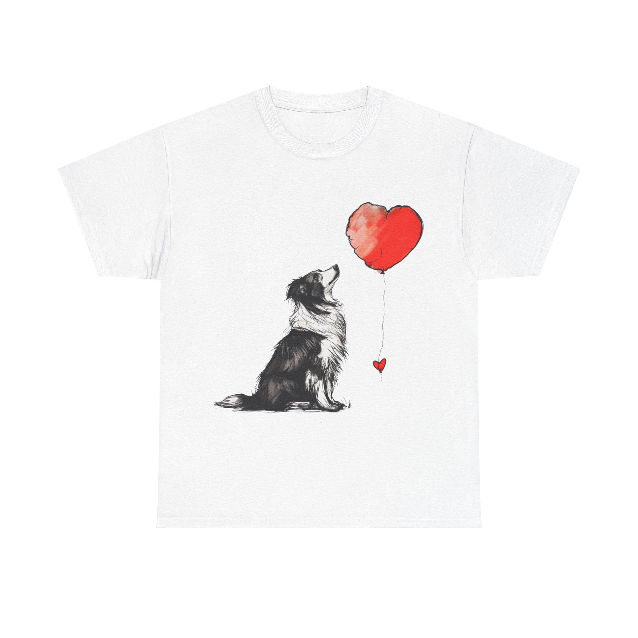 Printify T-Shirt White / S Adorable Border Collie with Heart Balloon T-Shirt – Perfect for Dog Lovers