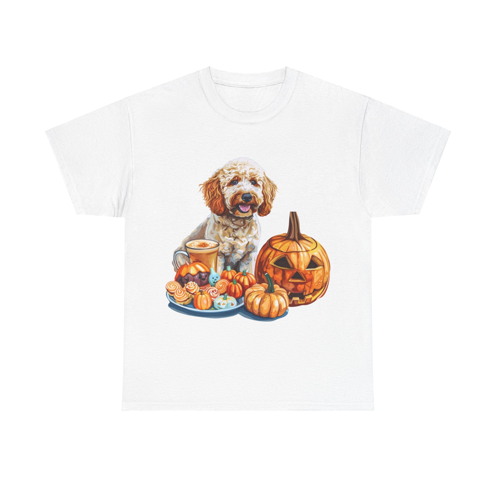 Printify T-Shirt White / S Adorable Cockapoo Halloween Design with Pumpkins and Festive Treats - Perfect for Dog Lovers