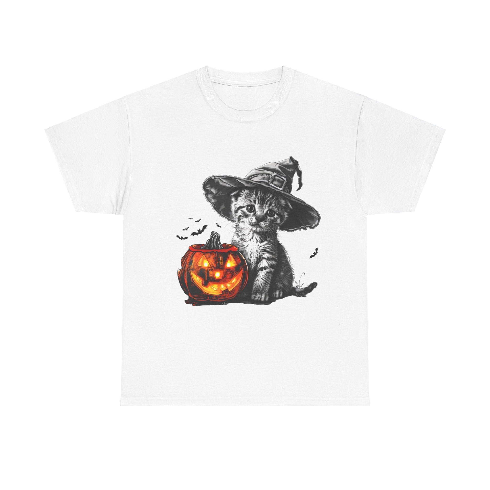 Printify T-Shirt White / S Adorable Kitten Witch Halloween Shirt – Spooky Pumpkin Design