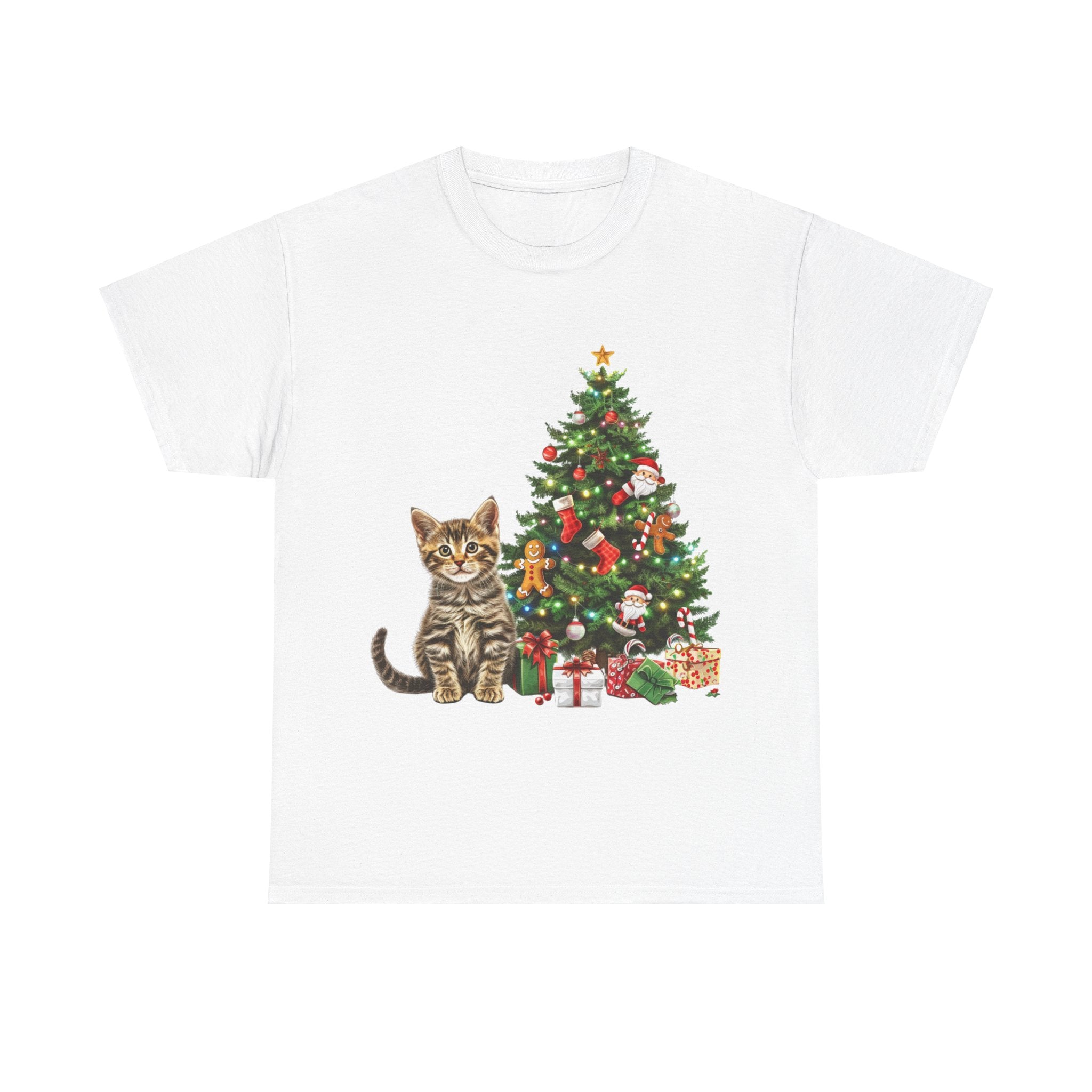 Printify T-Shirt White / S Adorable Tabby Kitten with Christmas Tree and Gifts – Festive Holiday Cat Art